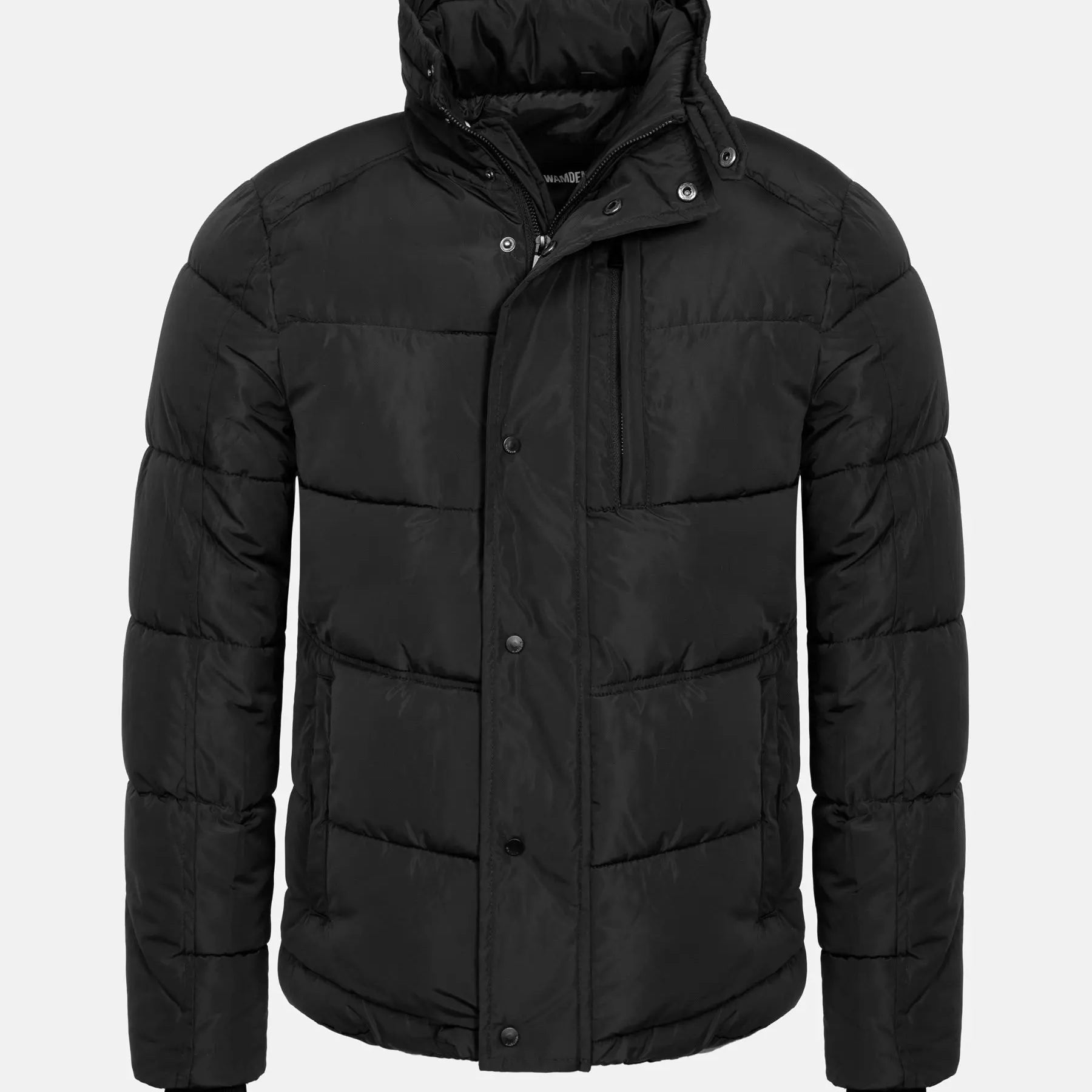Front view of a black men's puffer jacket with a high collar – Wam Denim.