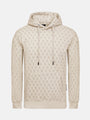 Beige patterned hoodie with drawstrings and front pocket, featuring geometric design.