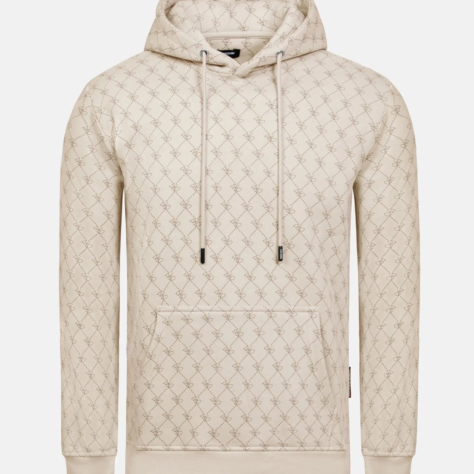 Beige patterned hoodie with drawstrings and front pocket, featuring geometric design.