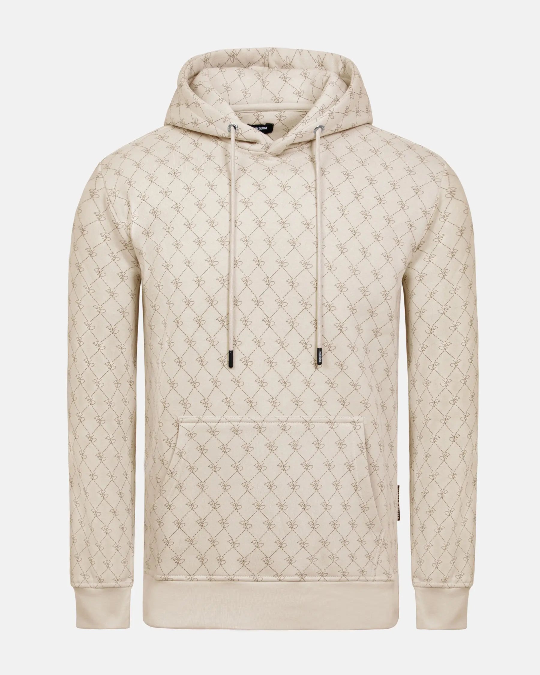 Beige patterned hoodie with drawstrings and front pocket, featuring geometric design.