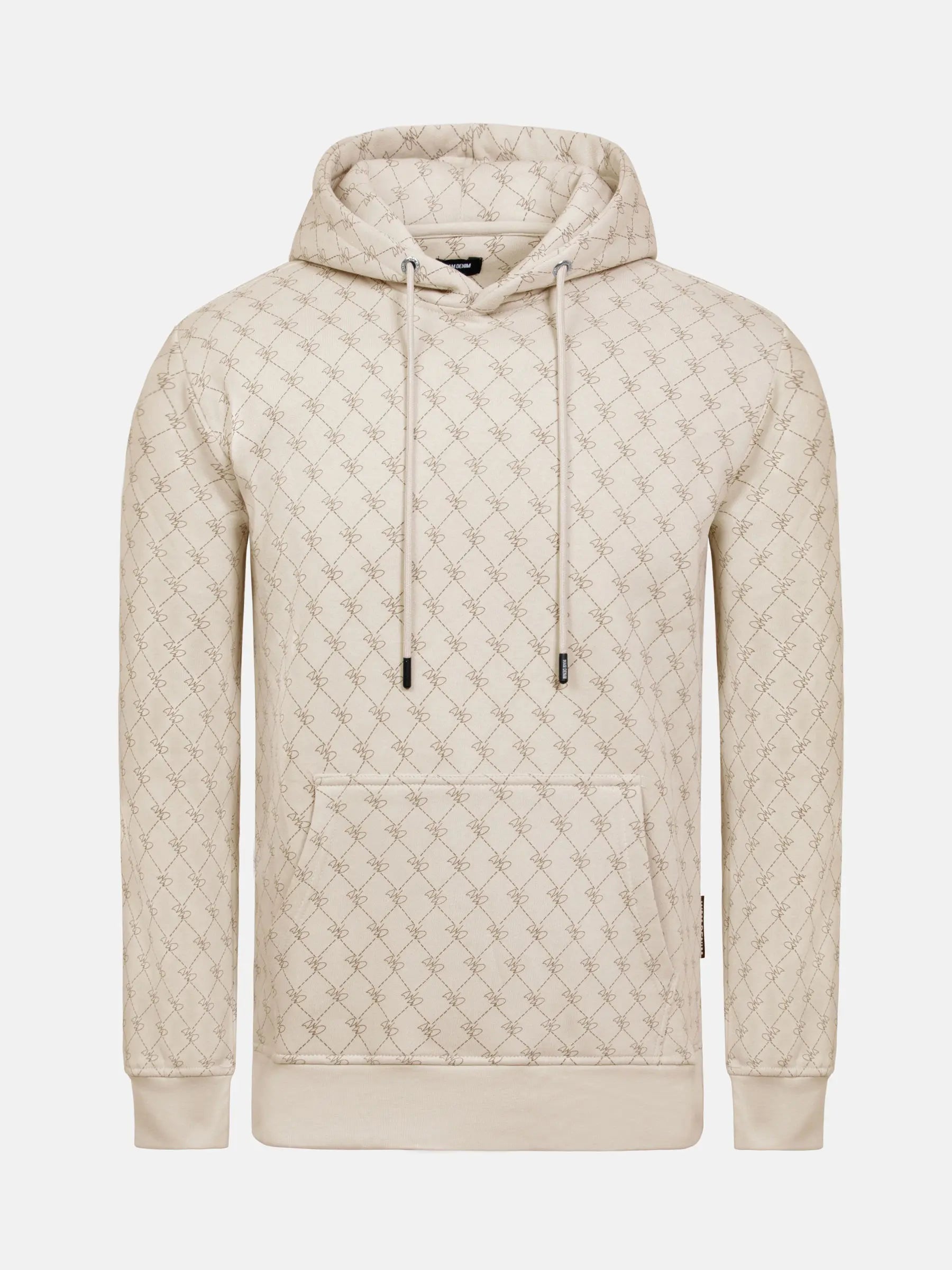 Beige patterned hoodie with drawstrings and front pocket, featuring geometric design.