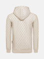 Back view of beige patterned hoodie with geometric print and ribbed cuffs.