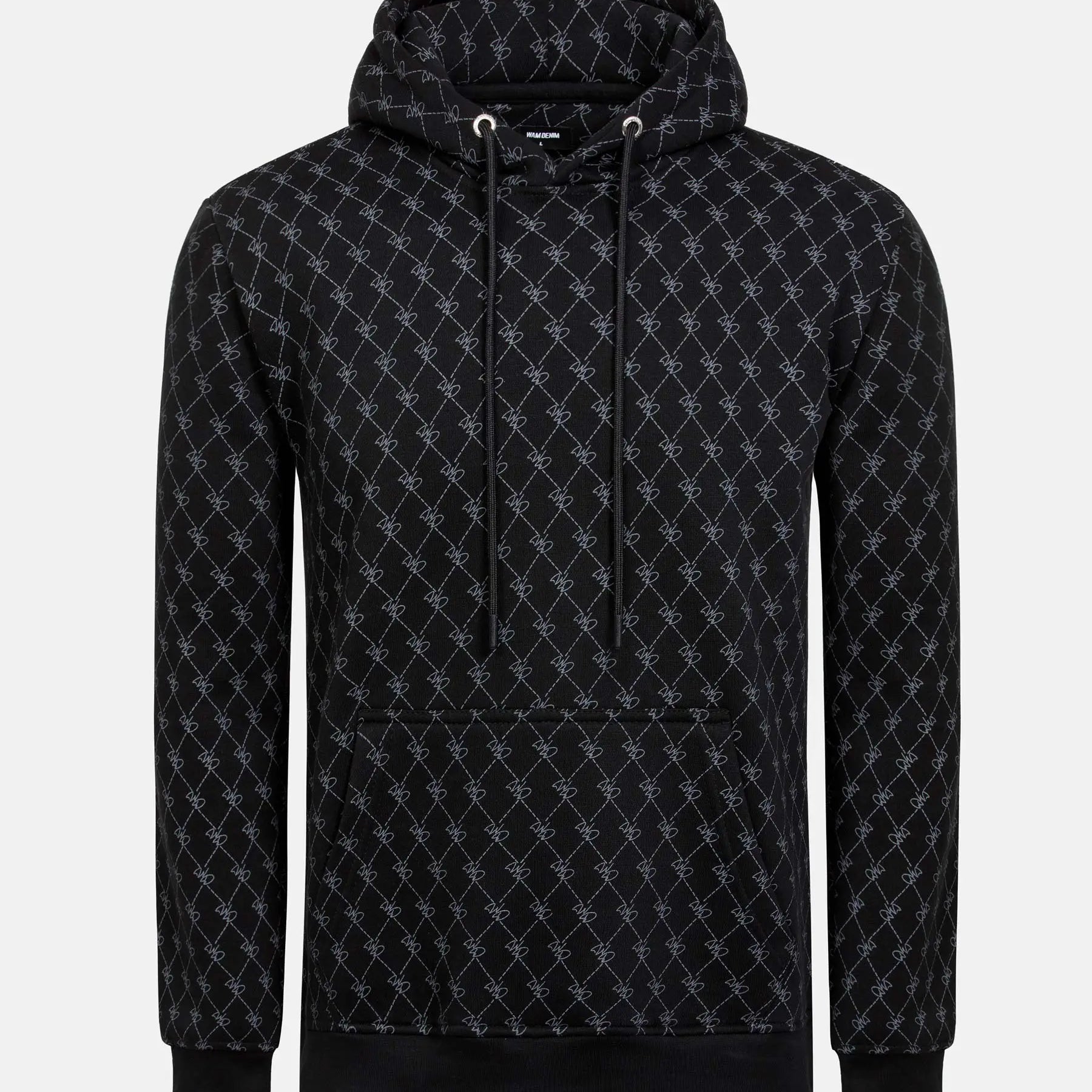 Black patterned hoodie with drawstrings and front pocket, featuring geometric design – Wam Denim.