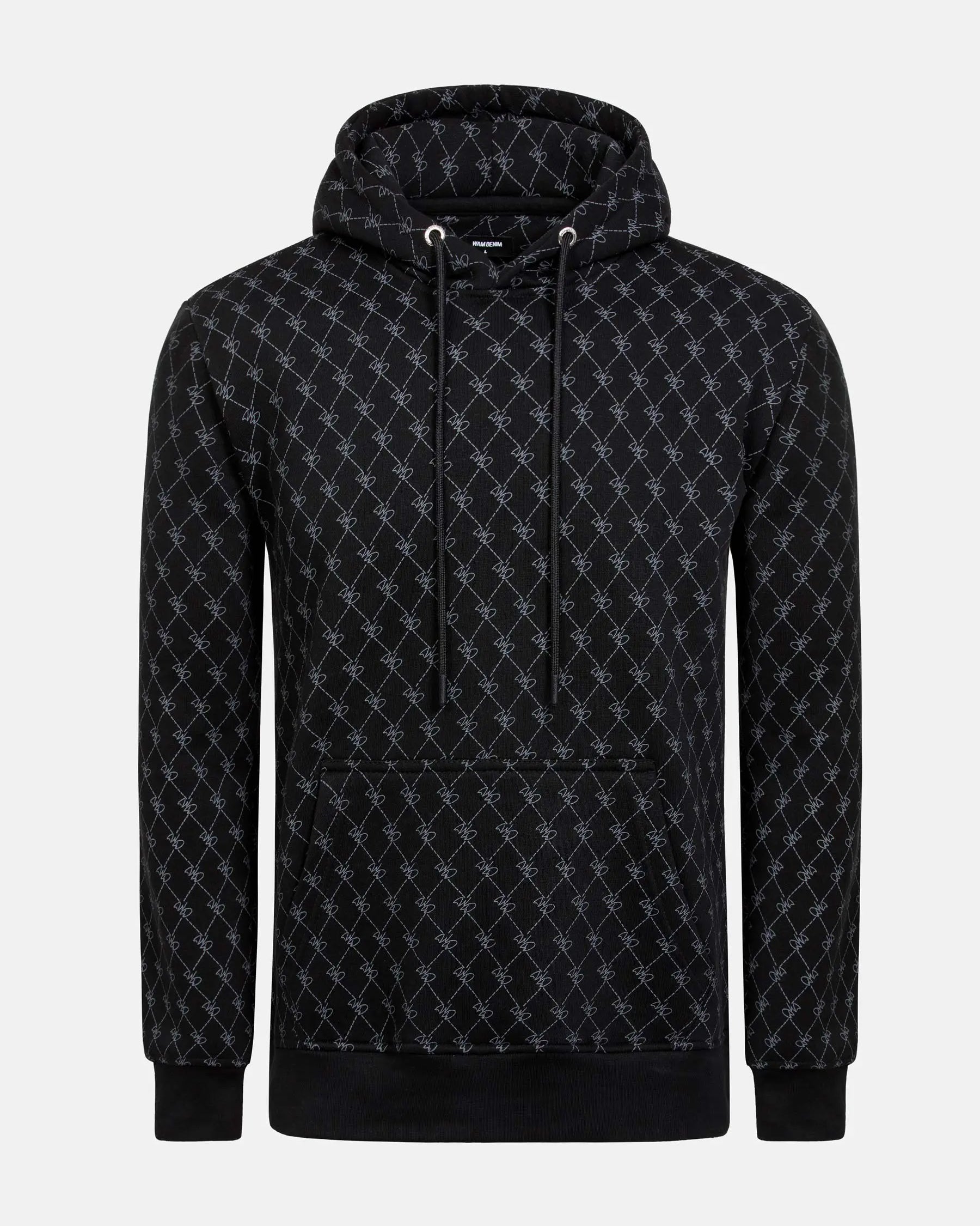 Black patterned hoodie with drawstrings and front pocket, featuring geometric design – Wam Denim.