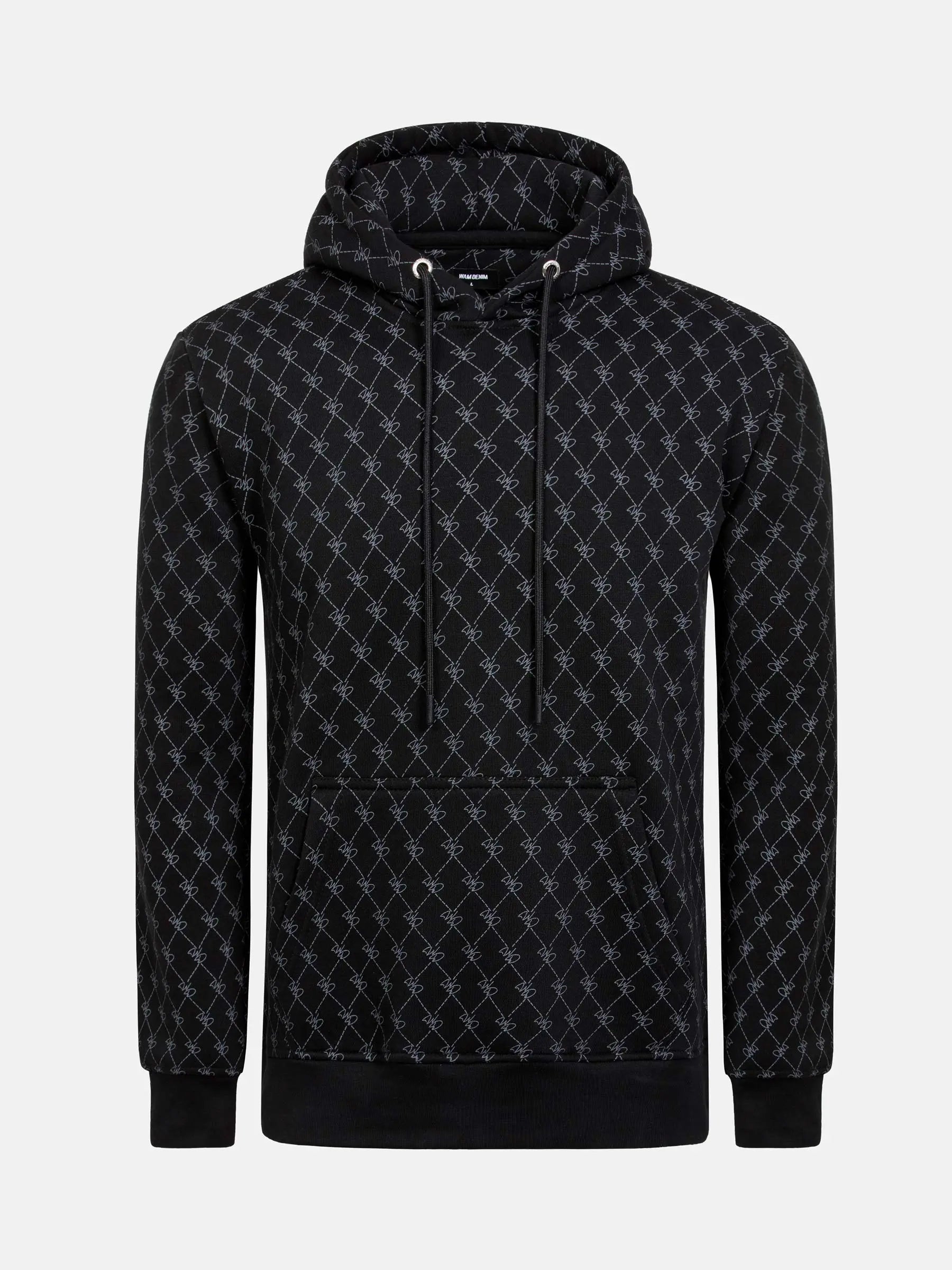 Black patterned hoodie with drawstrings and front pocket, featuring geometric design – Wam Denim.