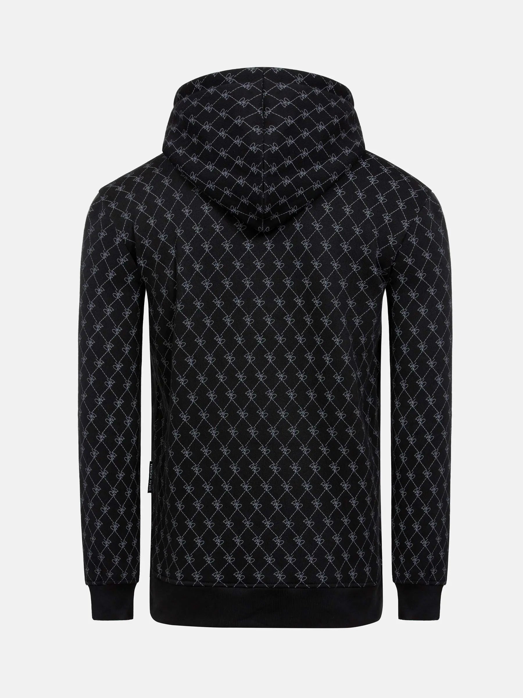 Back view of black patterned hoodie with geometric print and ribbed hem – Wam Denim.