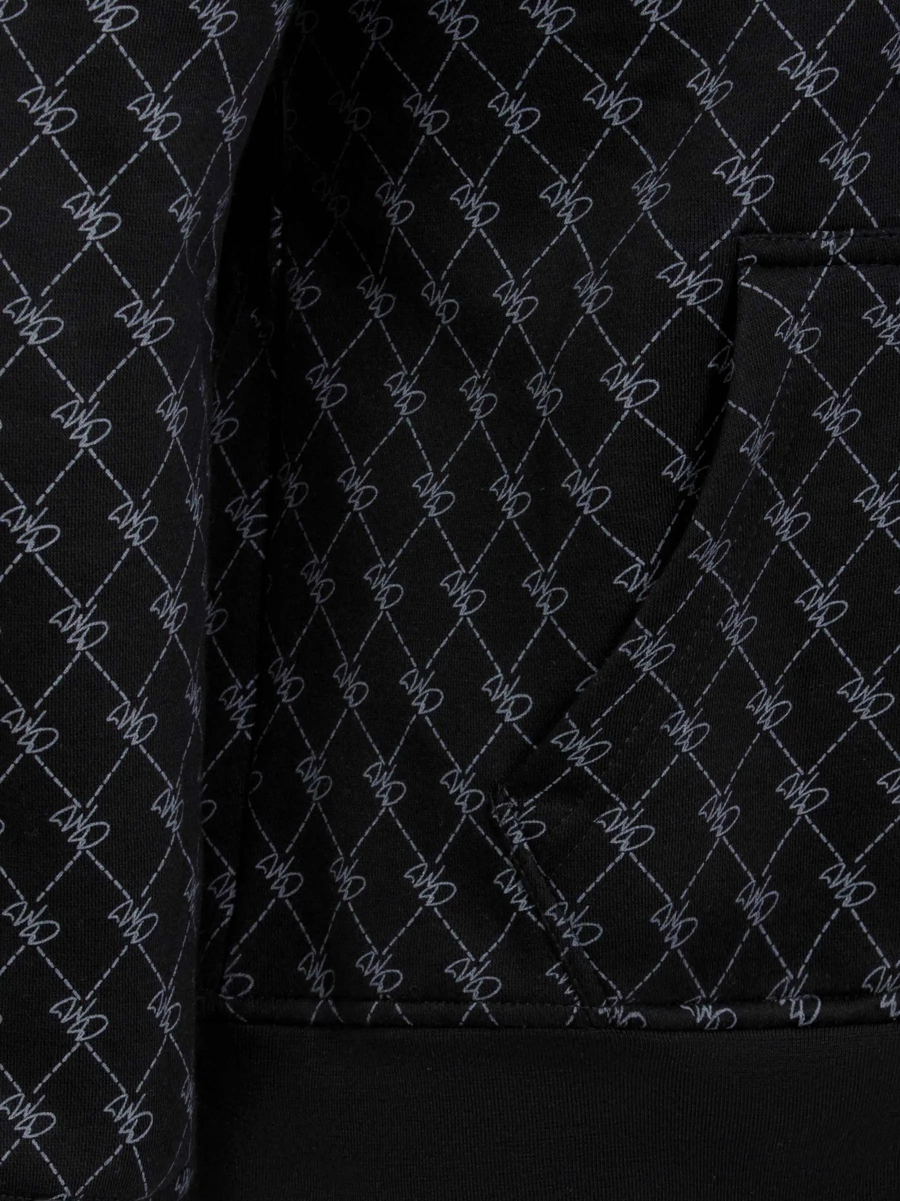 Close-up of black patterned hoodie pocket with stitched geometric design and ribbed hem – Wam Denim.