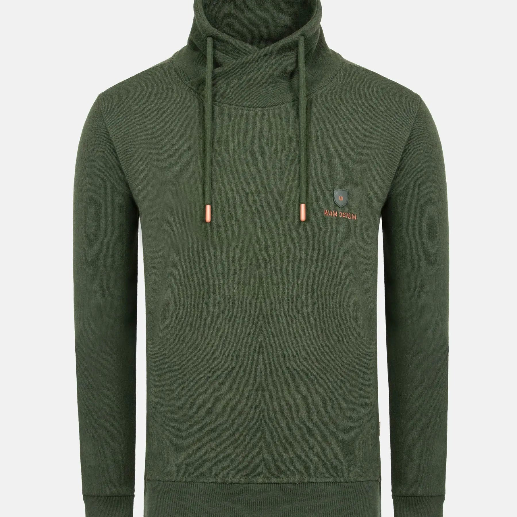 Khaki hoodie with a brand logo on a light gray background