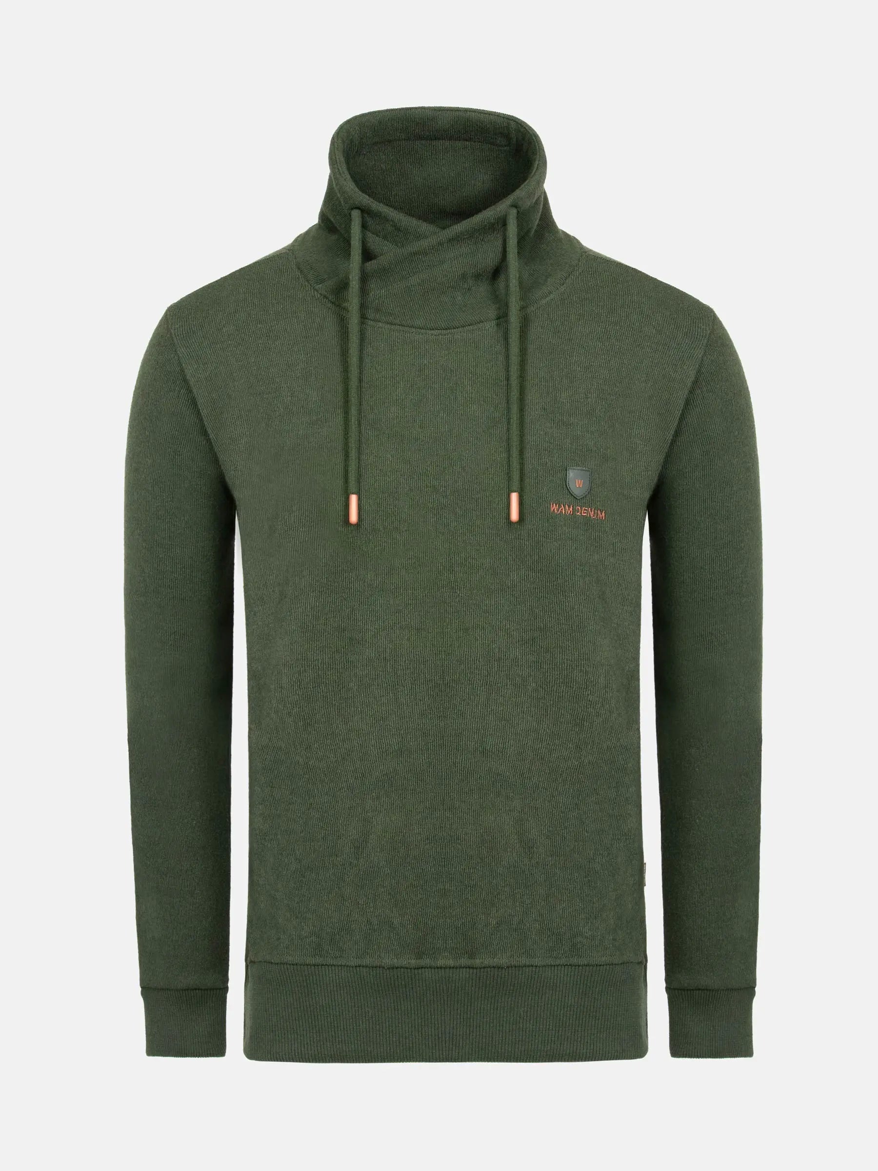 Khaki hoodie with a brand logo on a light gray background