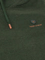 Khaki hoodie with a brand logo on the chest