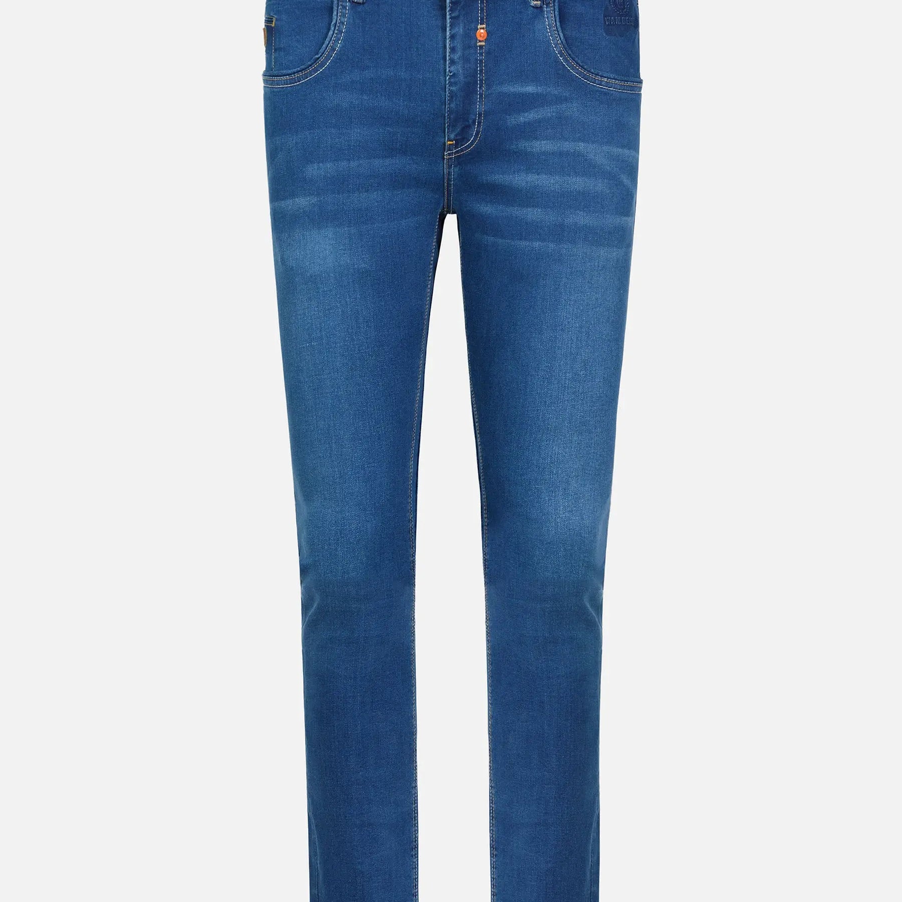 Light blue slim-fit jeans with slight fade and classic pocket design – Wam Denim.