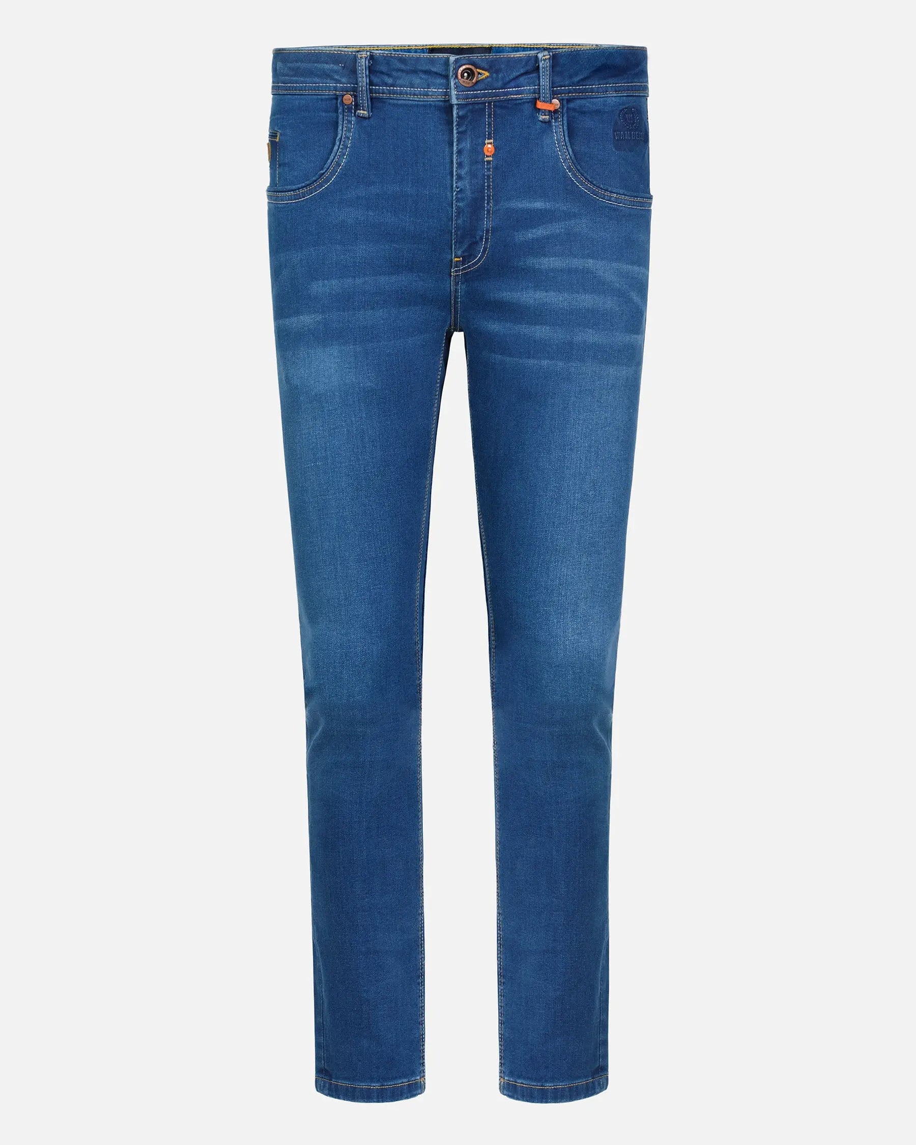 Light blue slim-fit jeans with slight fade and classic pocket design – Wam Denim.
