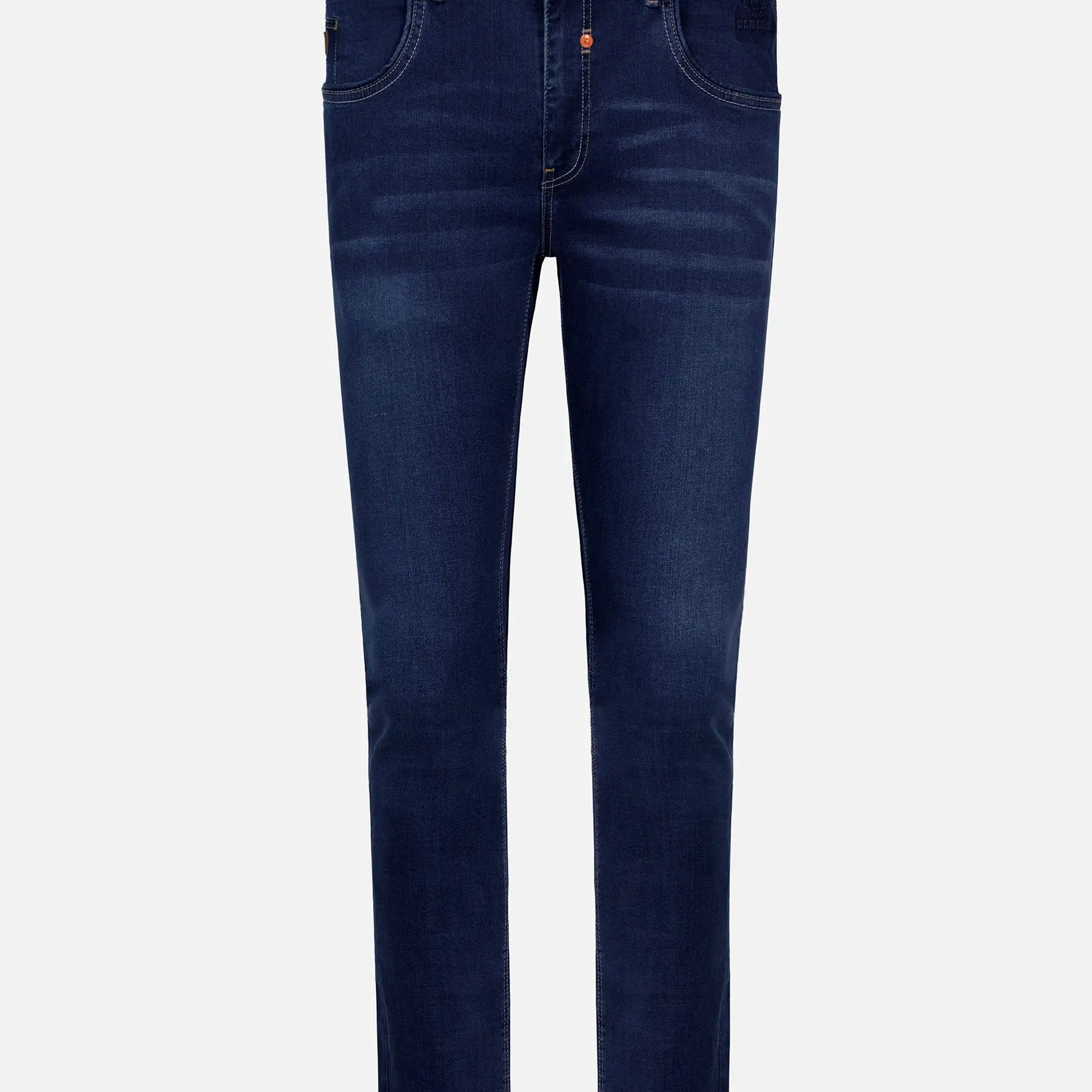 Dark Navy slim-fit denim jeans with subtle fading and classic five-pocket design – Wam Denim.