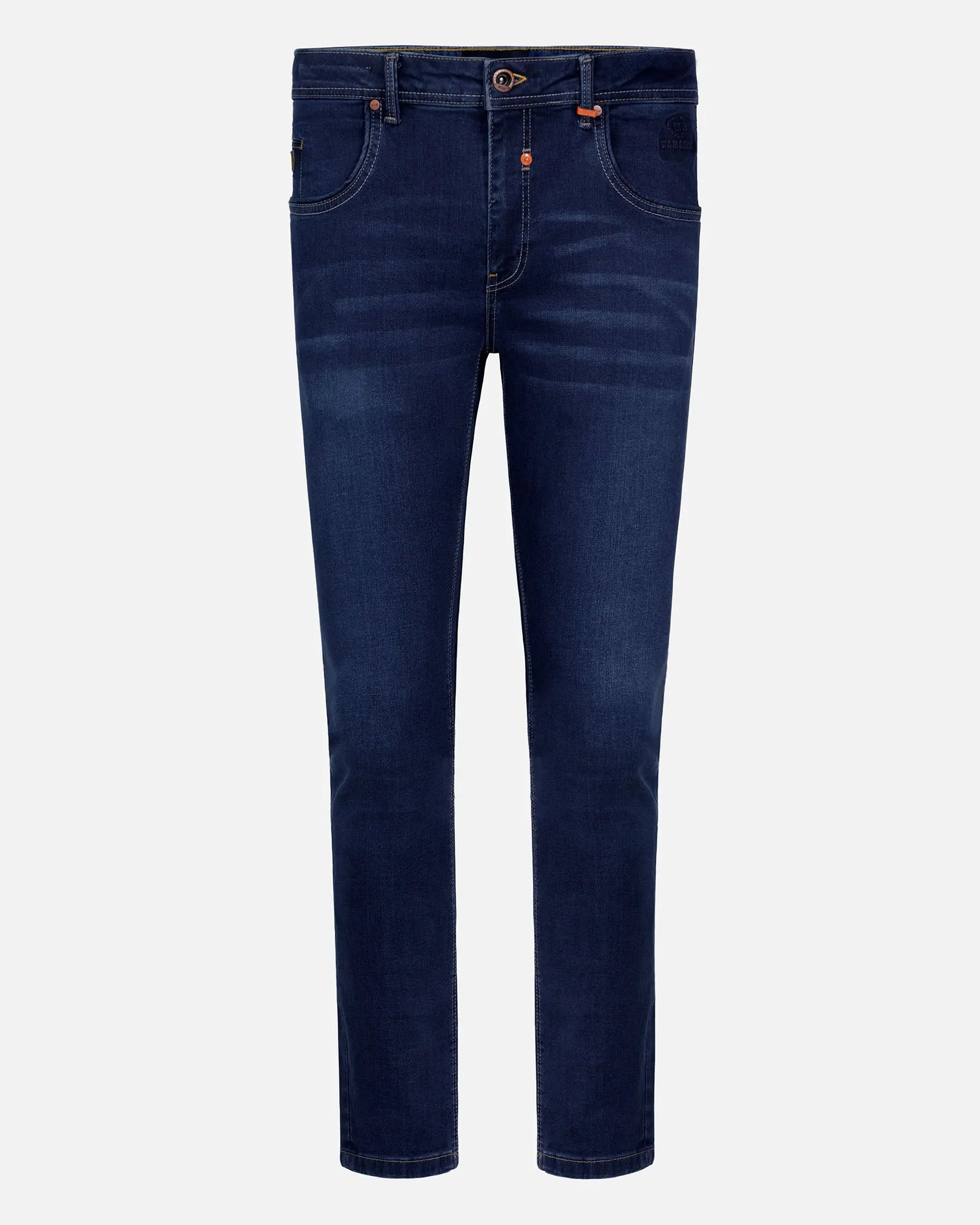 Dark Navy slim-fit denim jeans with subtle fading and classic five-pocket design – Wam Denim.
