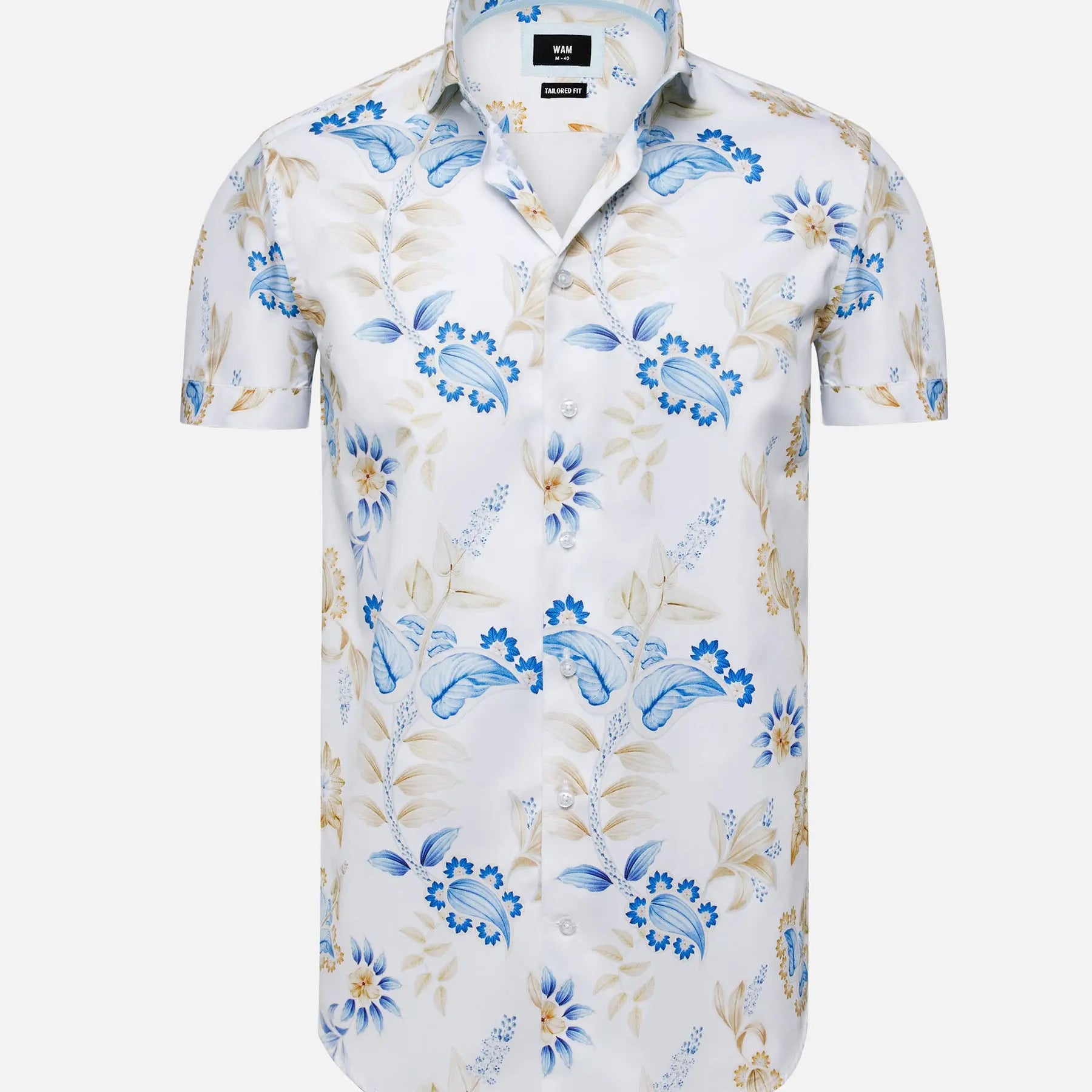 White short sleeve floral print shirt with blue and beige leaf patterns – Wam Denim.
