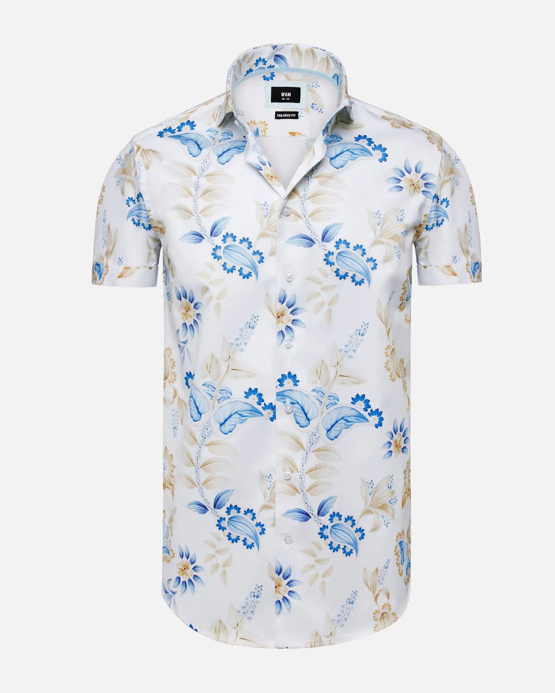 White short sleeve floral print shirt with blue and beige leaf patterns – Wam Denim.