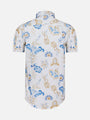 Back view of white floral short sleeve shirt with blue and beige leaf print – Wam Denim.