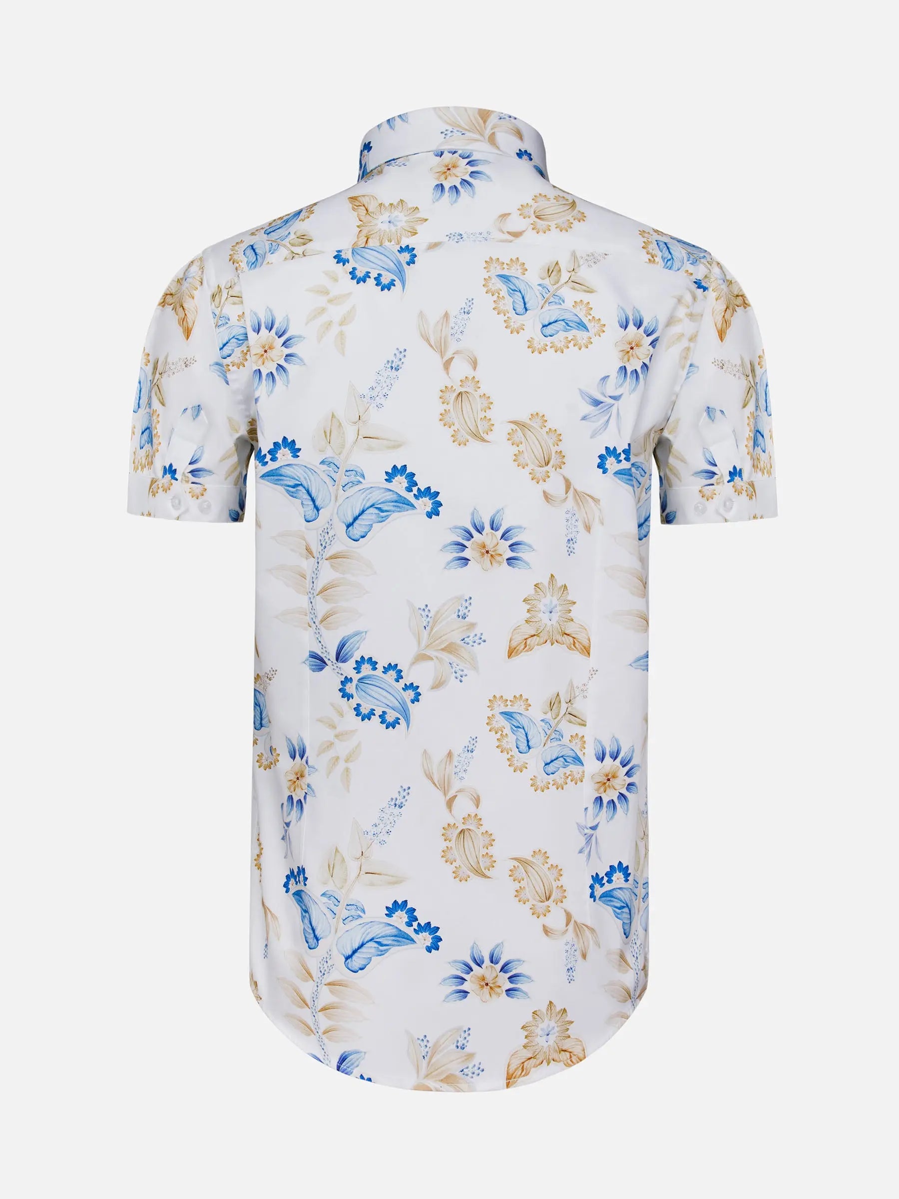 Back view of white floral short sleeve shirt with blue and beige leaf print – Wam Denim.