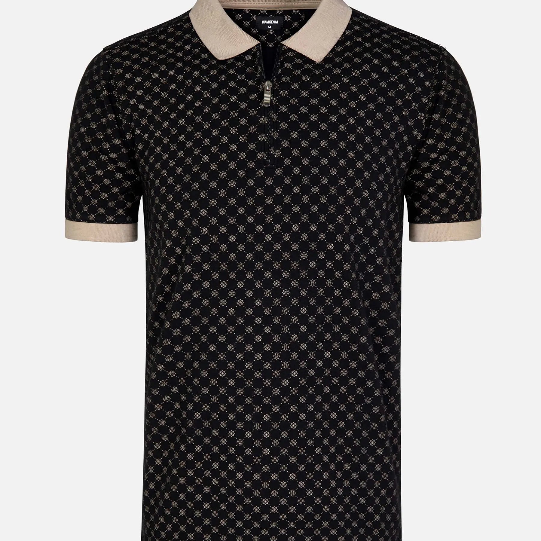Black and beige geometric knit polo shirt with zipper collar – Wam Denim.