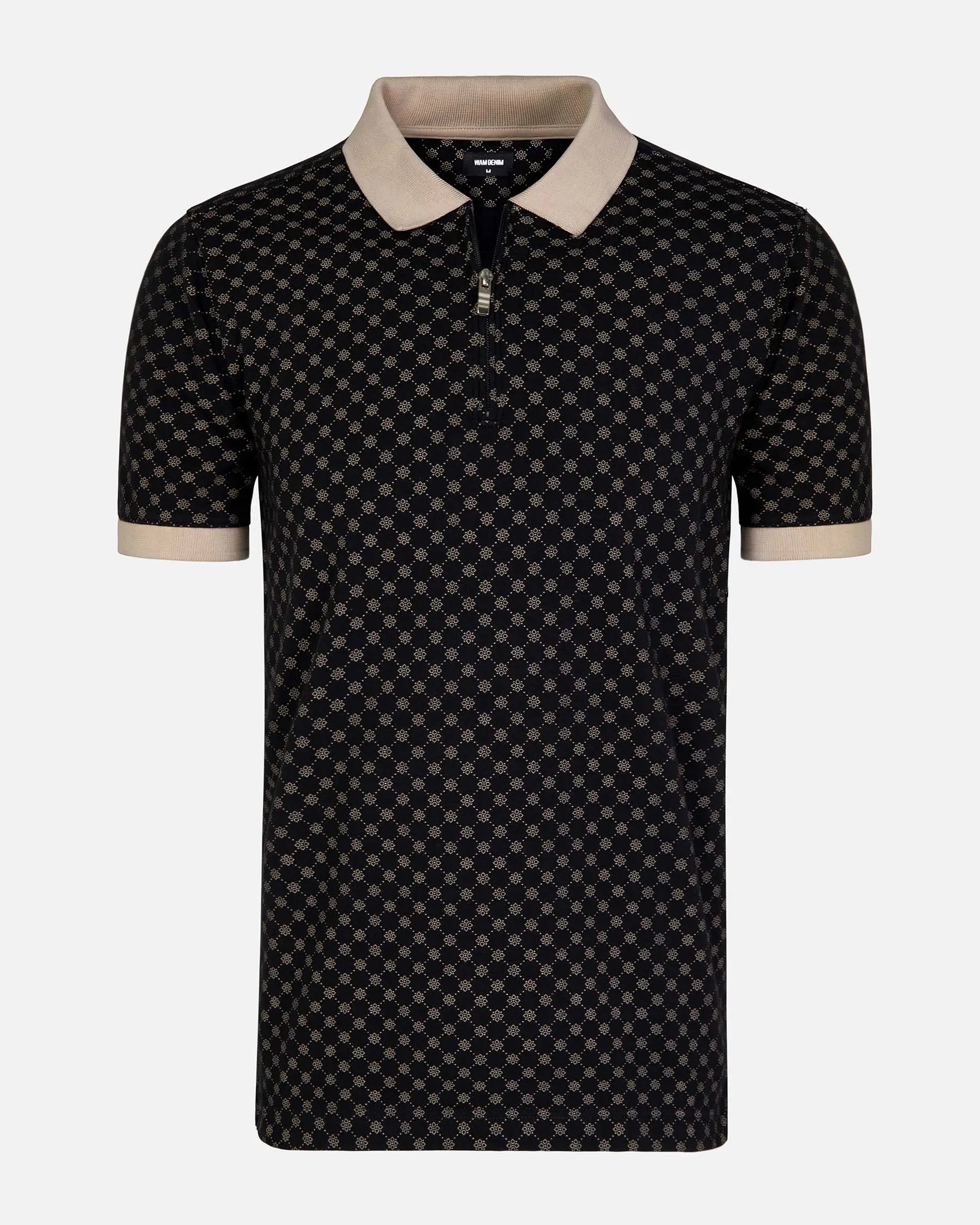 Black and beige geometric knit polo shirt with zipper collar – Wam Denim.