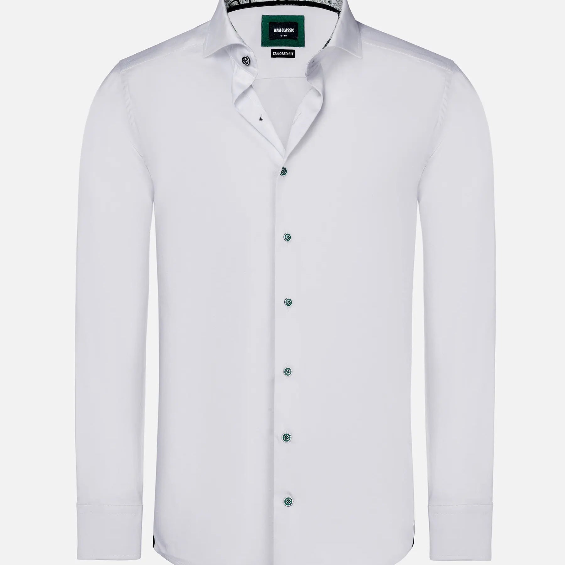 Full-length view of a white men's slim fit shirt – Wam Denim.