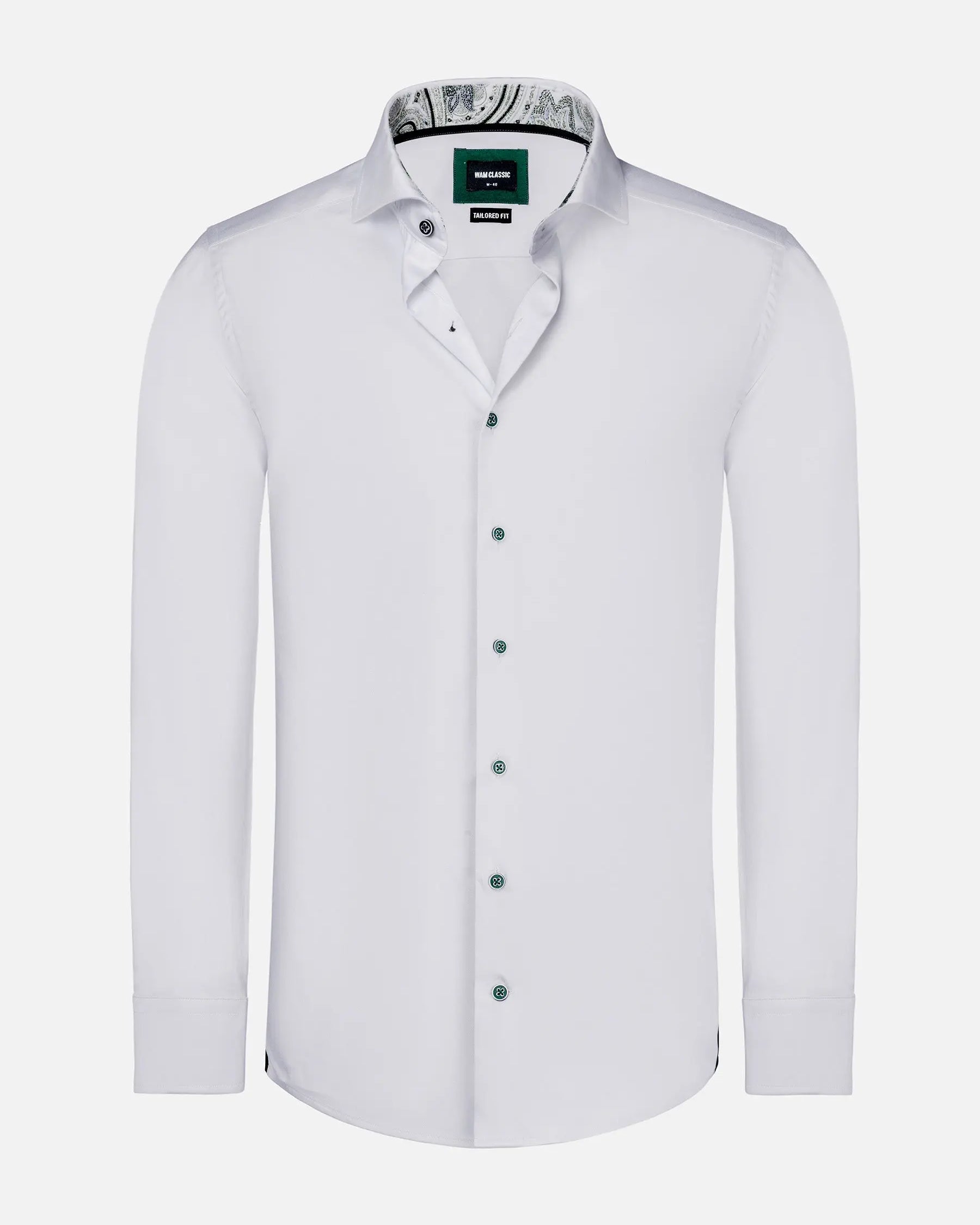 Full-length view of a white men's slim fit shirt – Wam Denim.