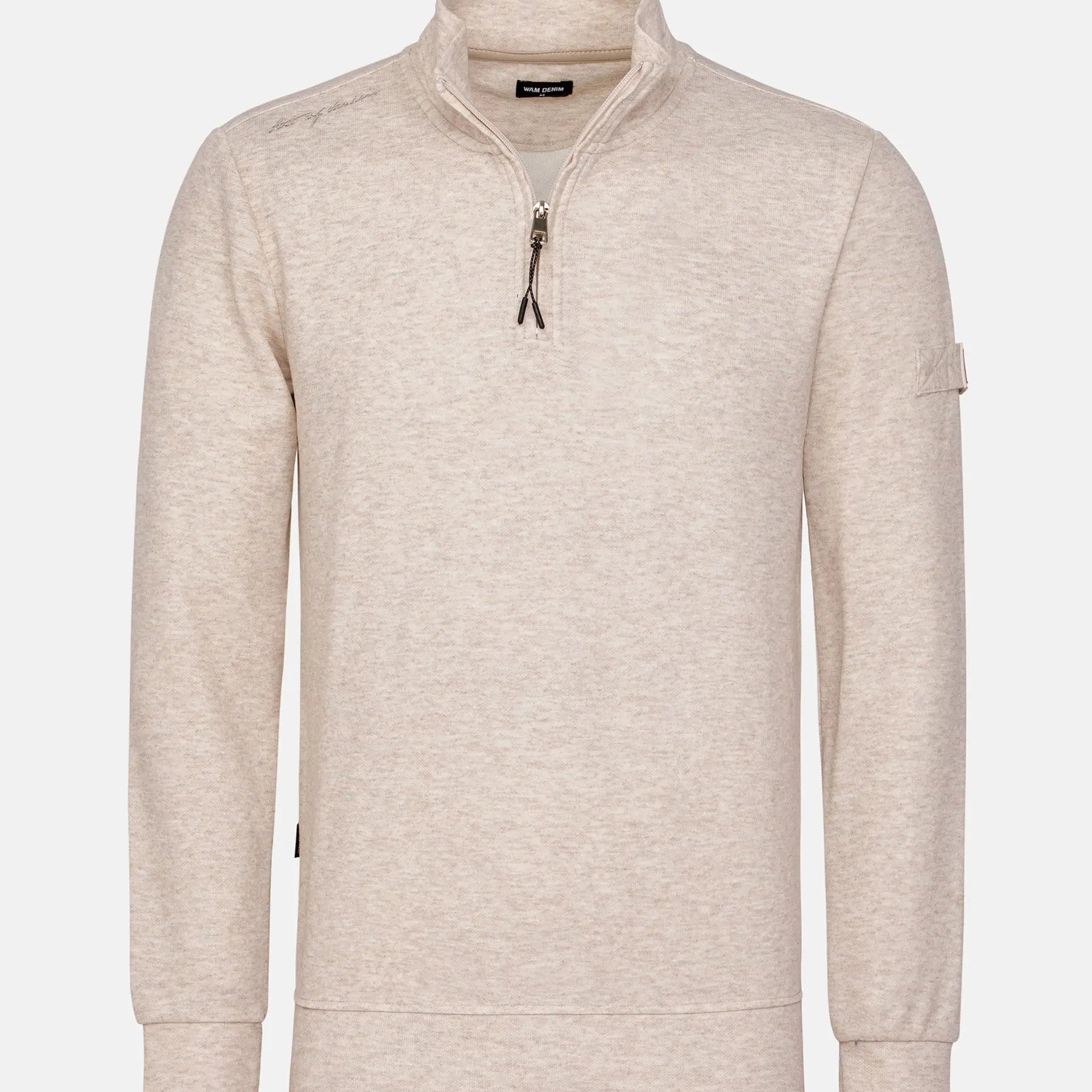 Beige half-zip sweatshirt on a white background