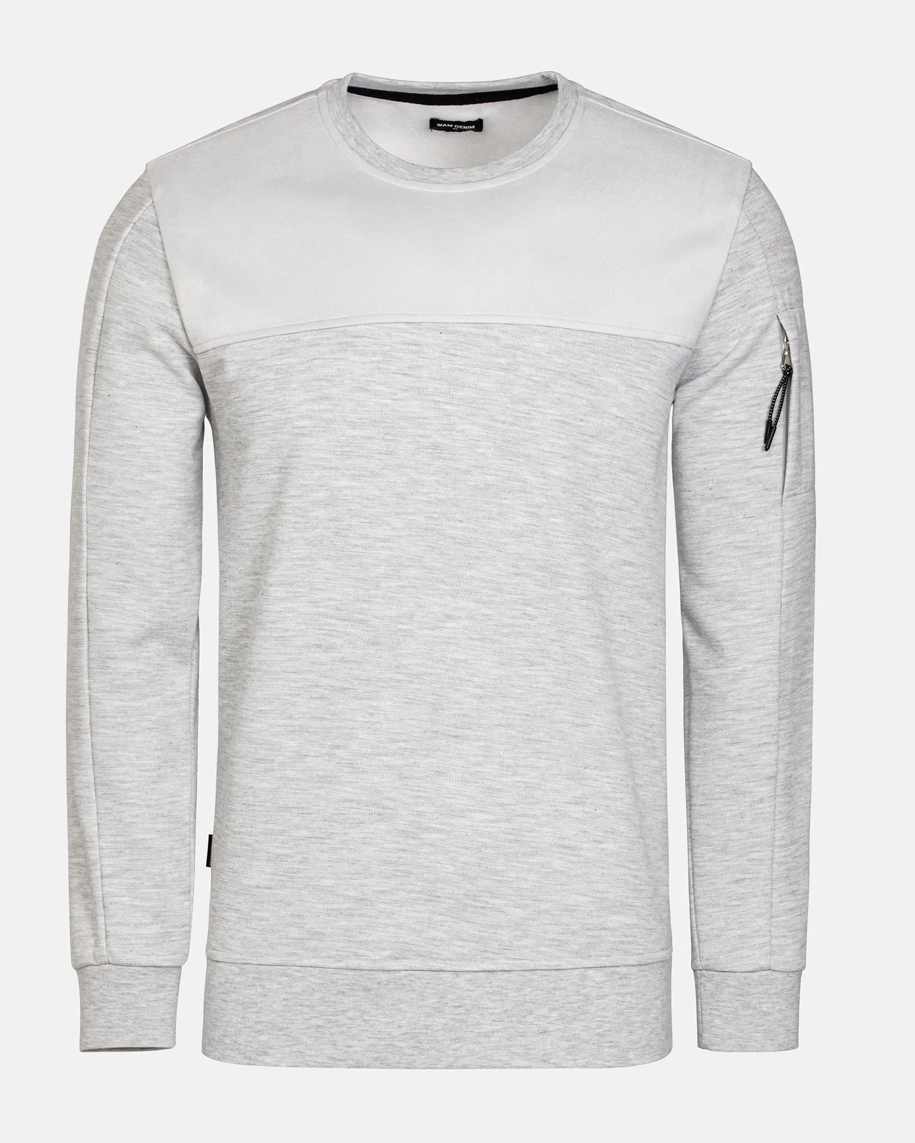 Light grey crew neck sweatshirt with zipper sleeve detail and ribbed cuffs – Wam Denim.