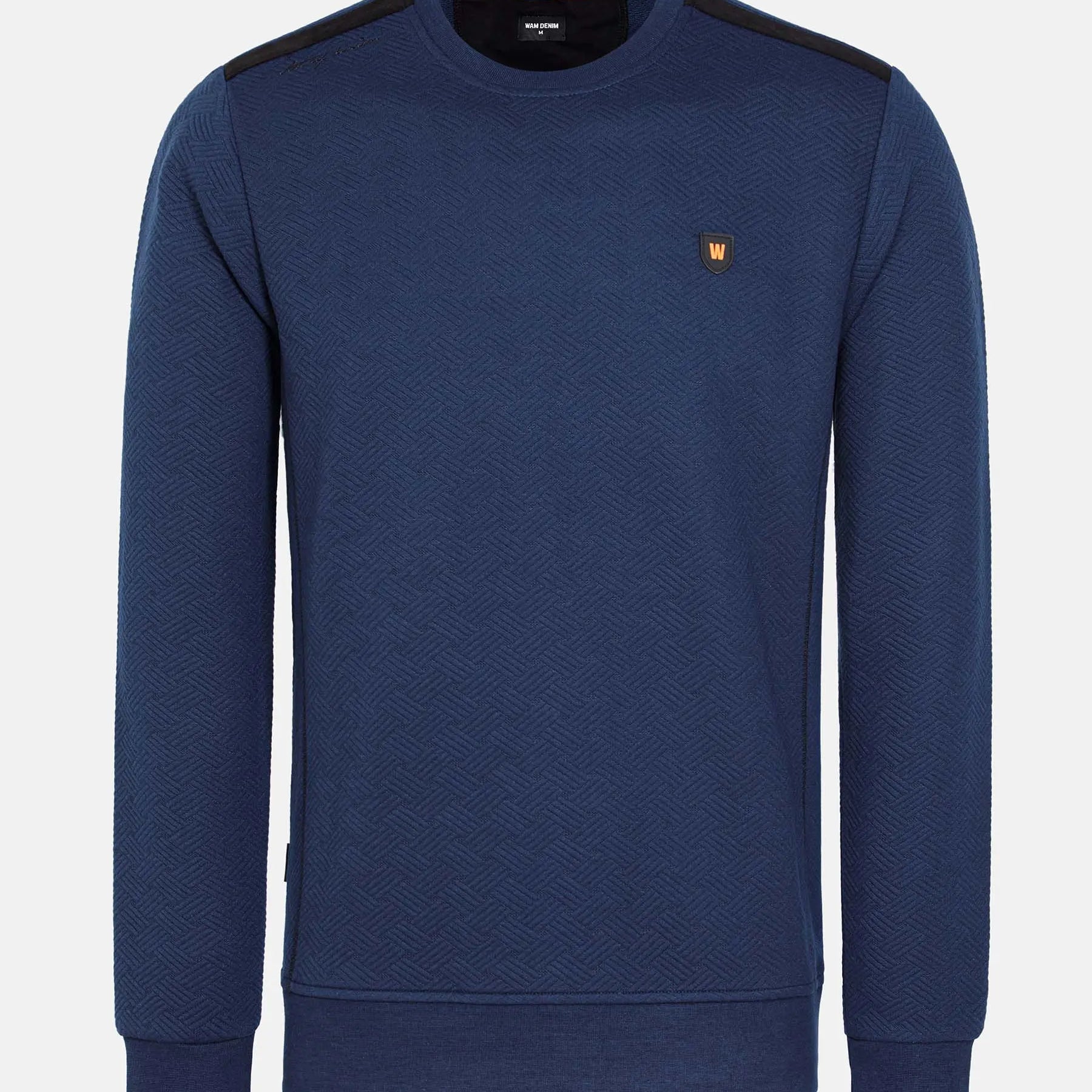 Stylish navy Moorland Sweater with logo and texture. – Wam Denim.