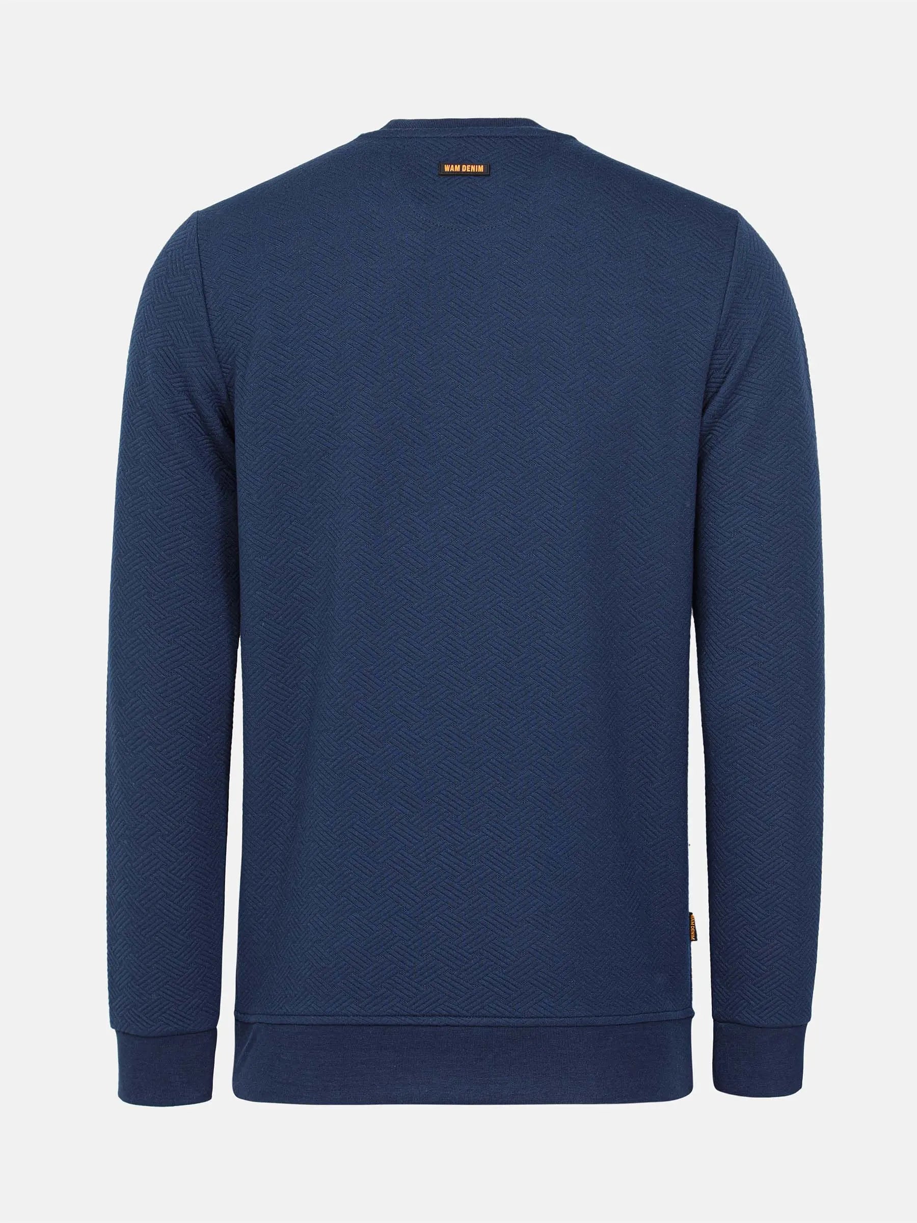 Back view of navy Moorland Sweater with logo detail. – Wam Denim.
