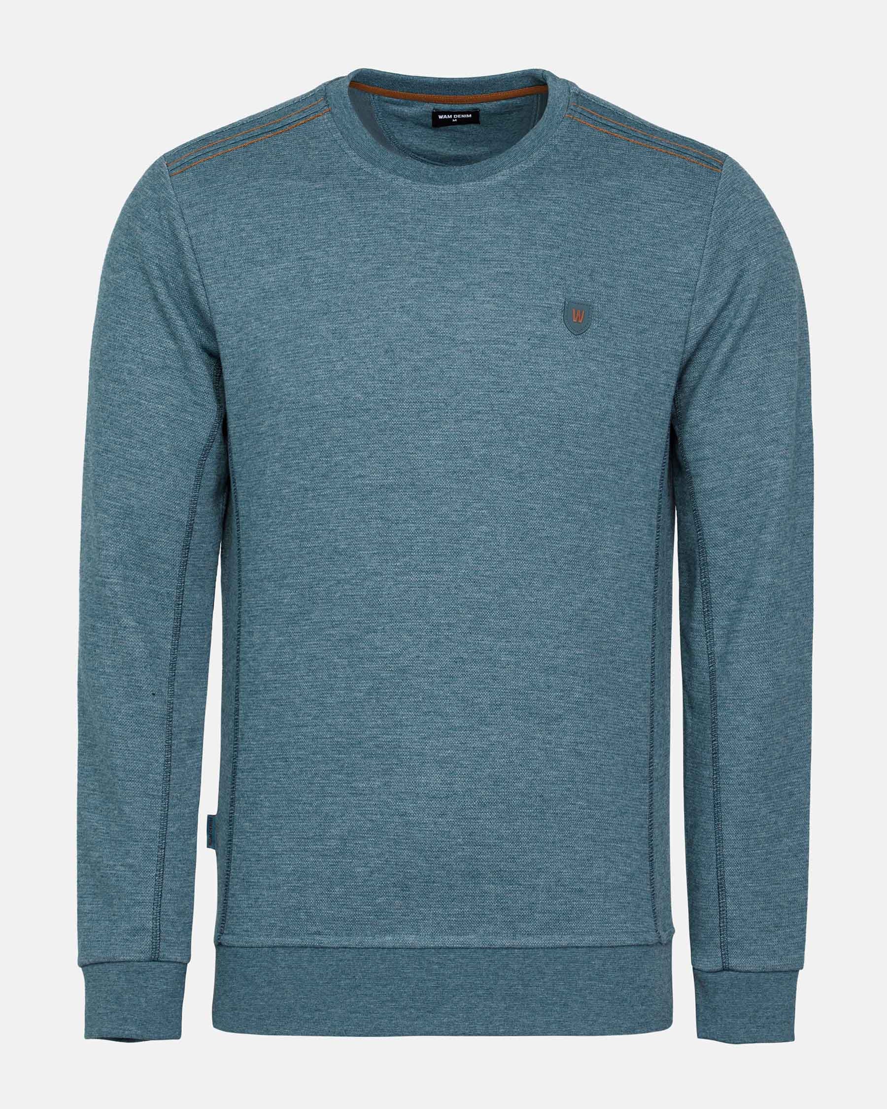 Men’s rustic petrol crew neck sweater with textured knit and chest logo – Wam Denim.