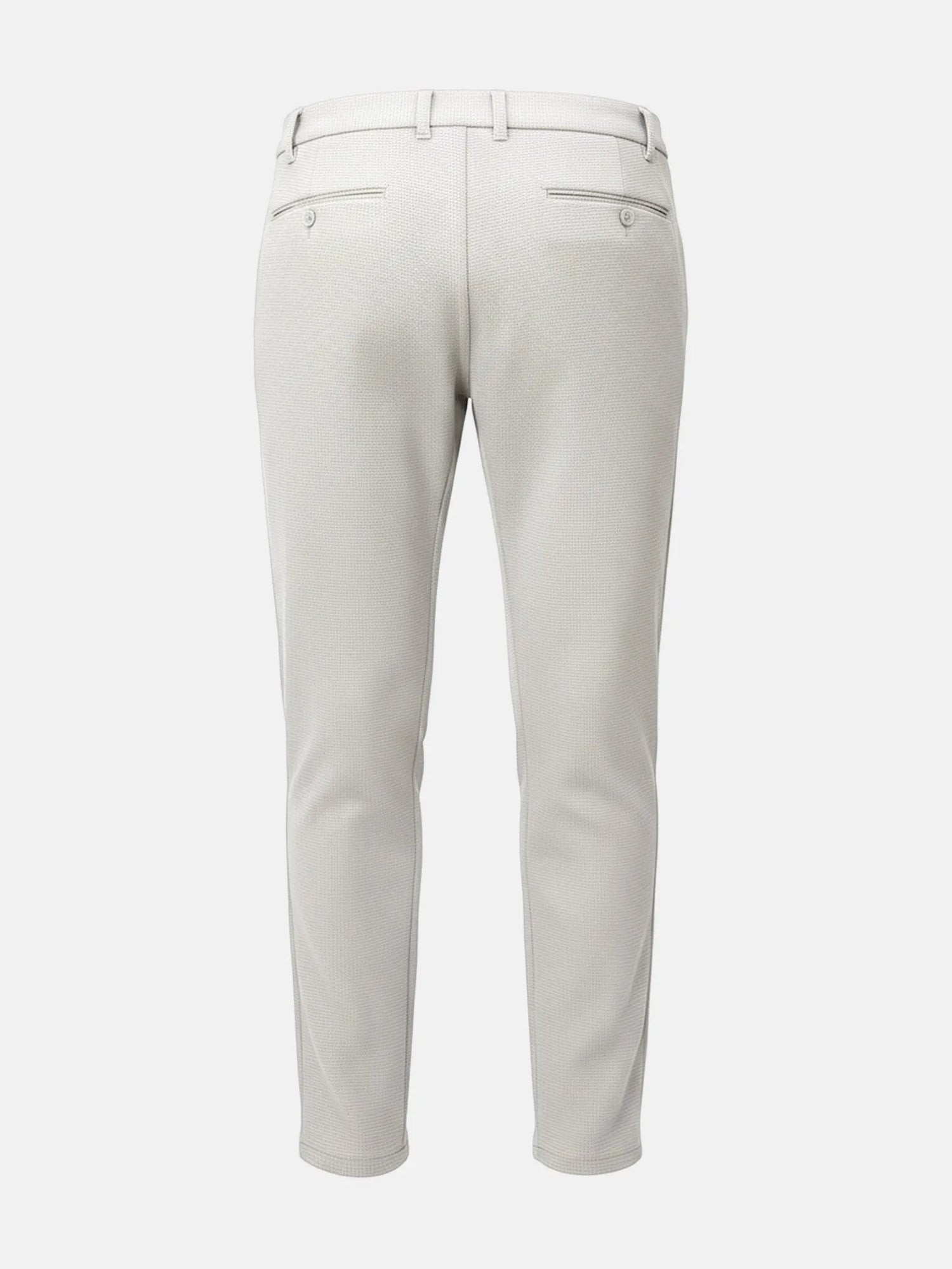 Back view of light grey men’s pantalon with slim-fit cut and welt pockets.