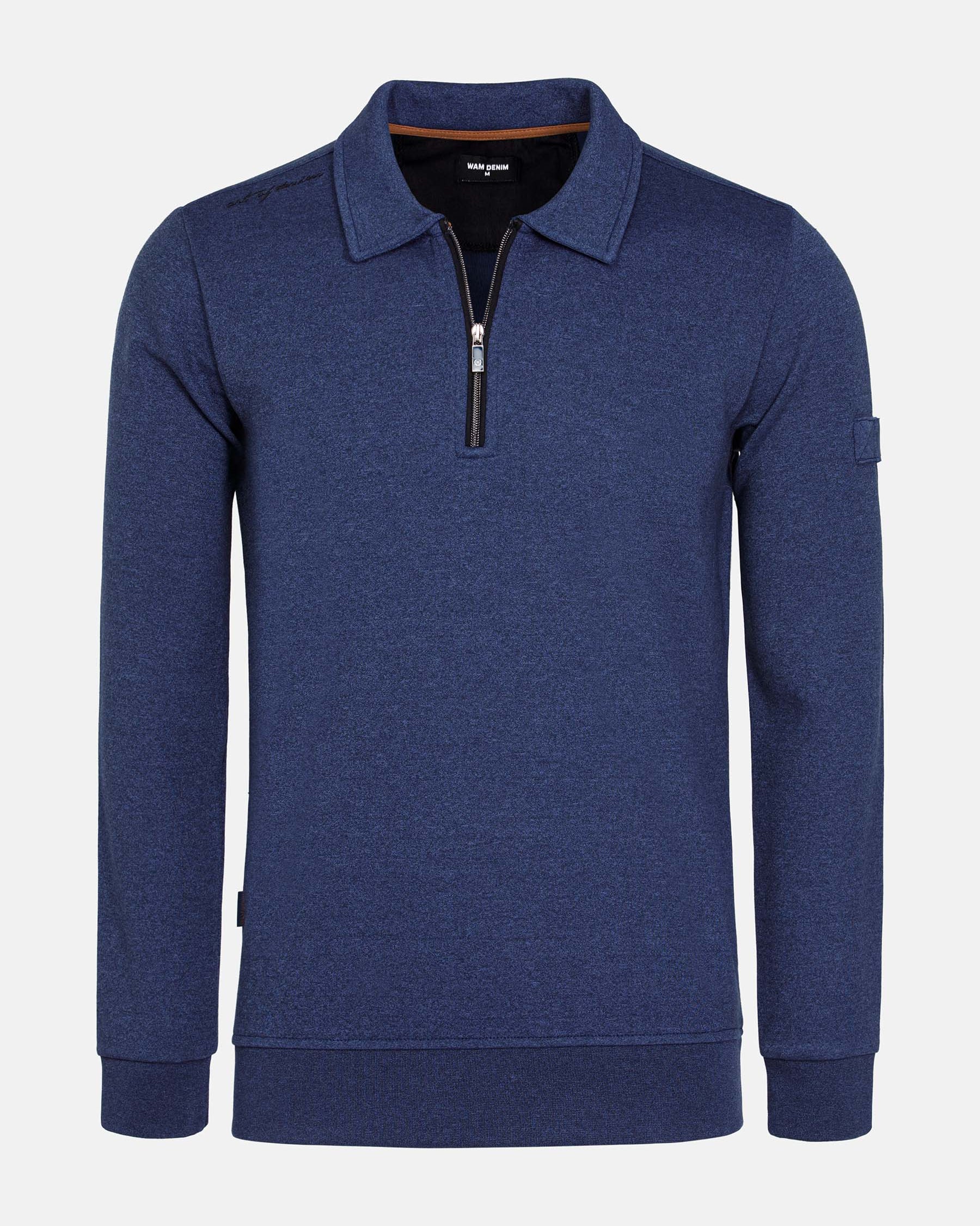Light indigo quarter-zip sweater with ribbed cuffs and collar detail – Wam Denim.