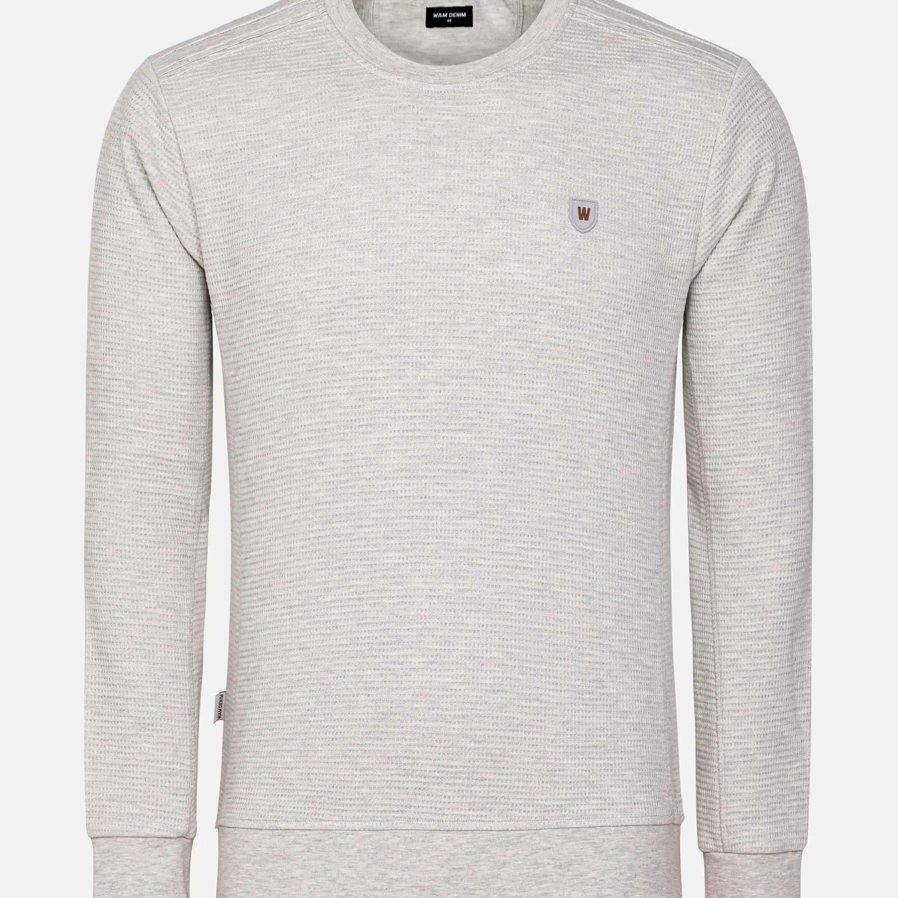 Light grey textured crew neck sweatshirt with chest logo and ribbed cuffs – Wam Denim.