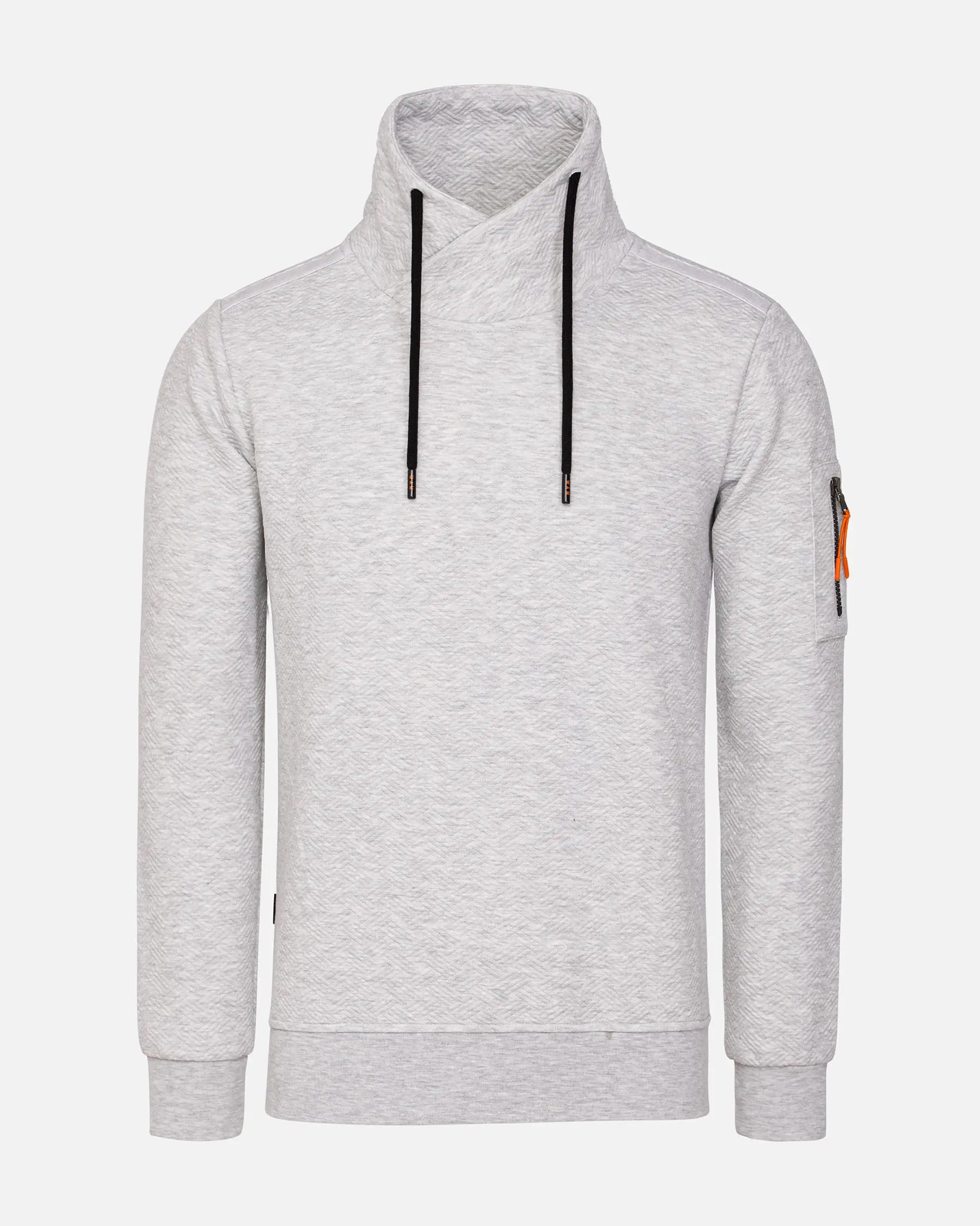 Light grey men’s pullover sweatshirt with high crossover collar, black drawstrings, and sleeve zipper pocket — casual winter knitwear for men. – Wam Denim.