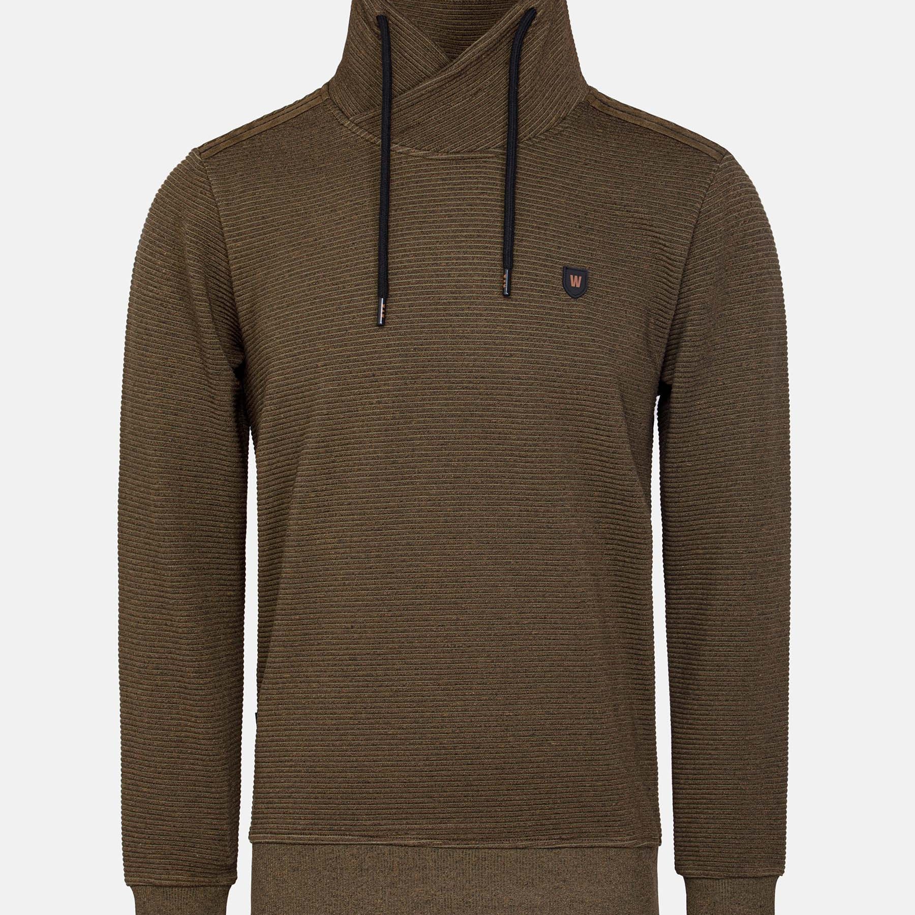 Back view of the men's cowl neck sweater in olive green – Wam Denim.