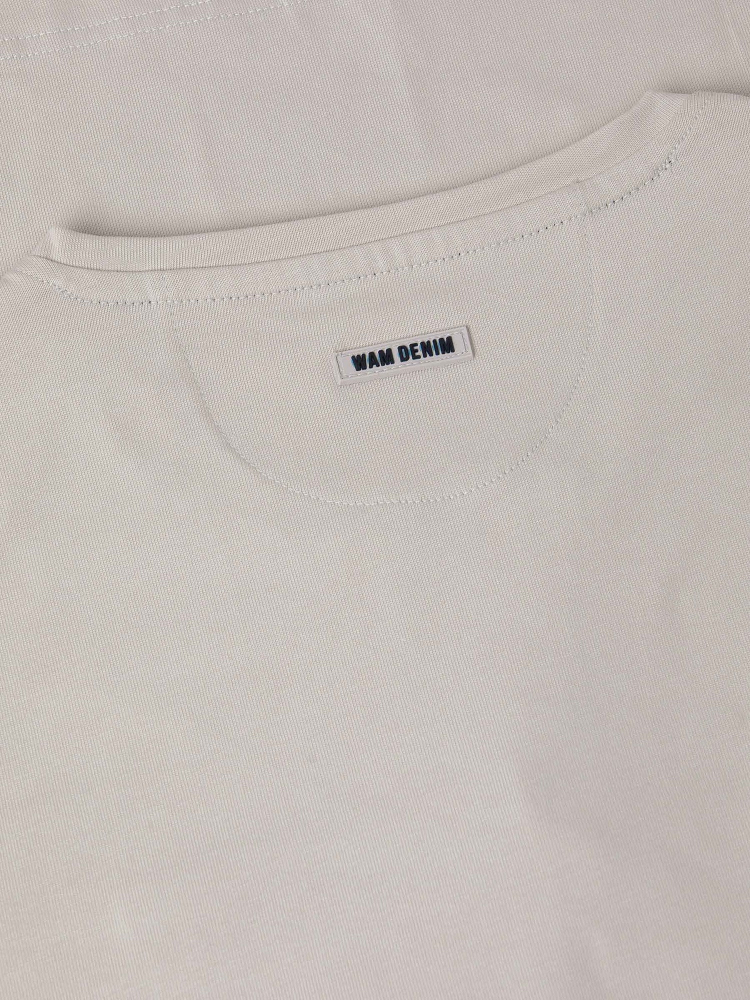 Close-up of The Fervor Light Beige Sweater back collar showing stitched Wam Denim label – Wam Denim.
