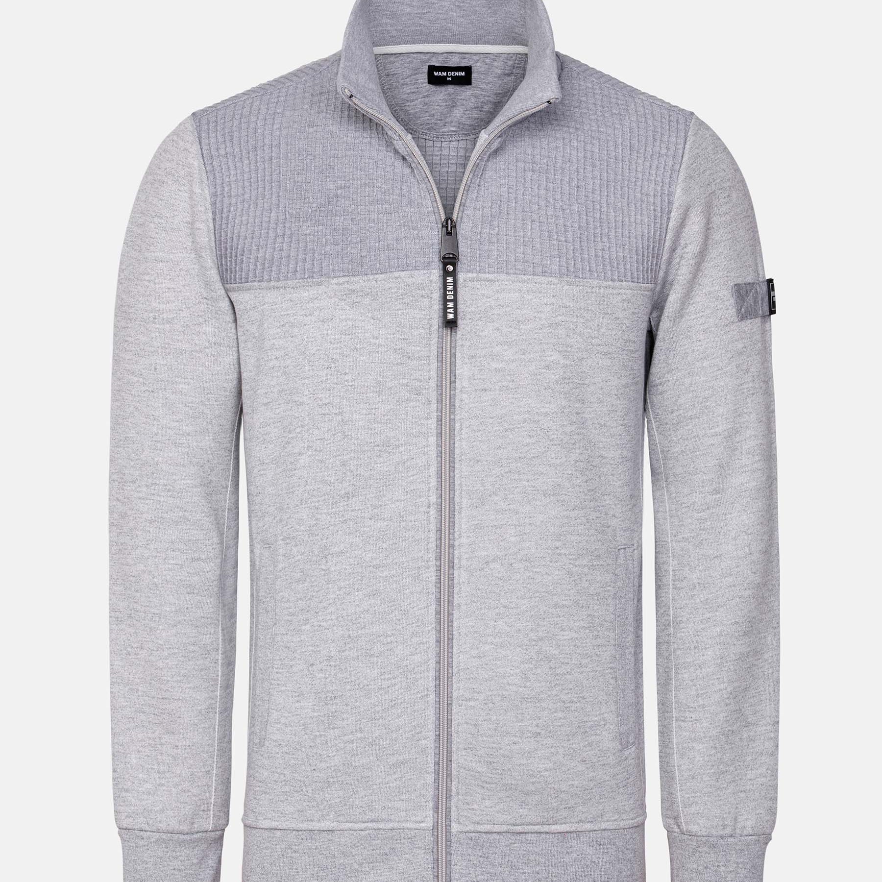 The Fletcher Light Grey Vest, full-zip sweater with ribbed upper design and stand collar – Wam Denim.