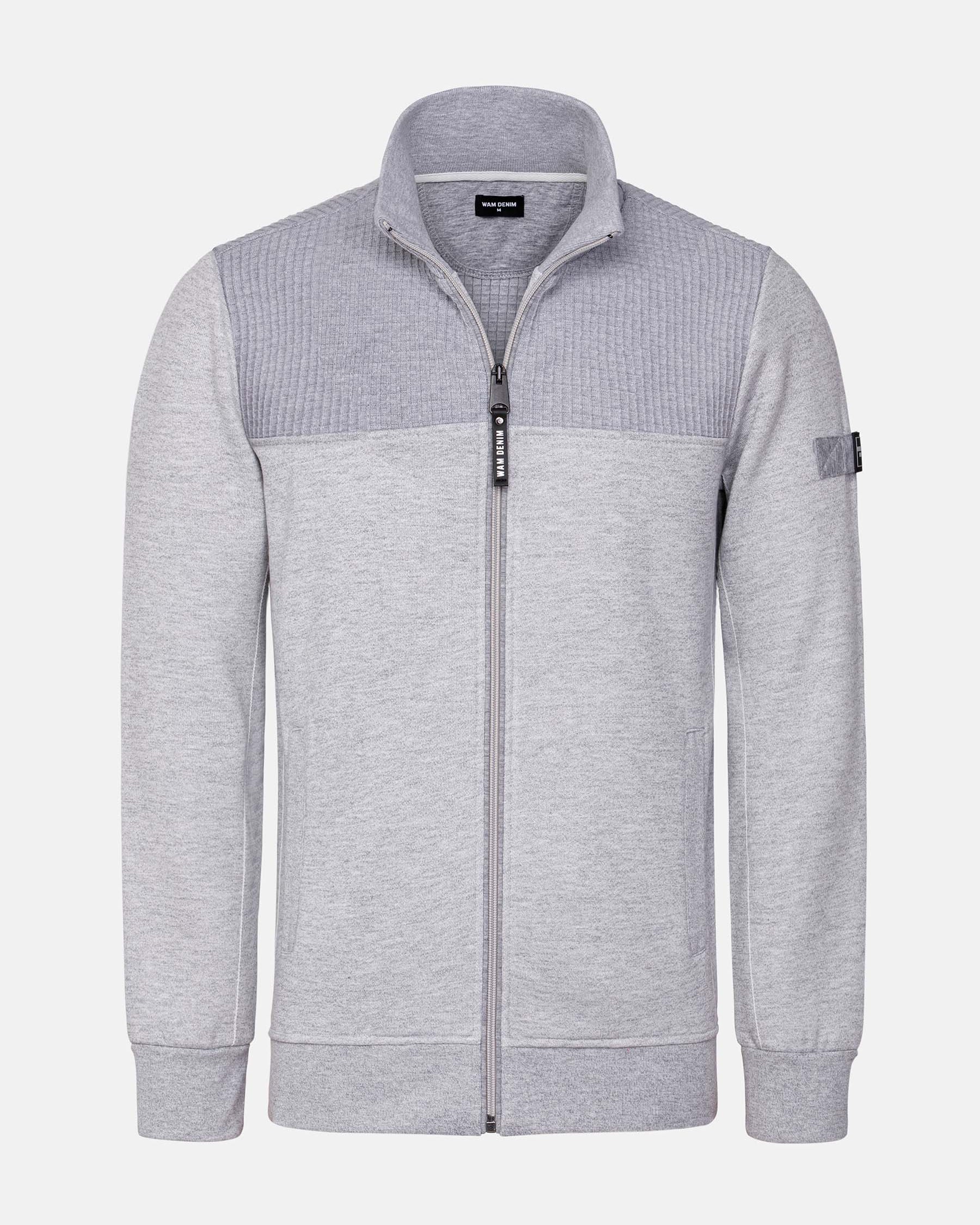 The Fletcher Light Grey Vest, full-zip sweater with ribbed upper design and stand collar – Wam Denim.