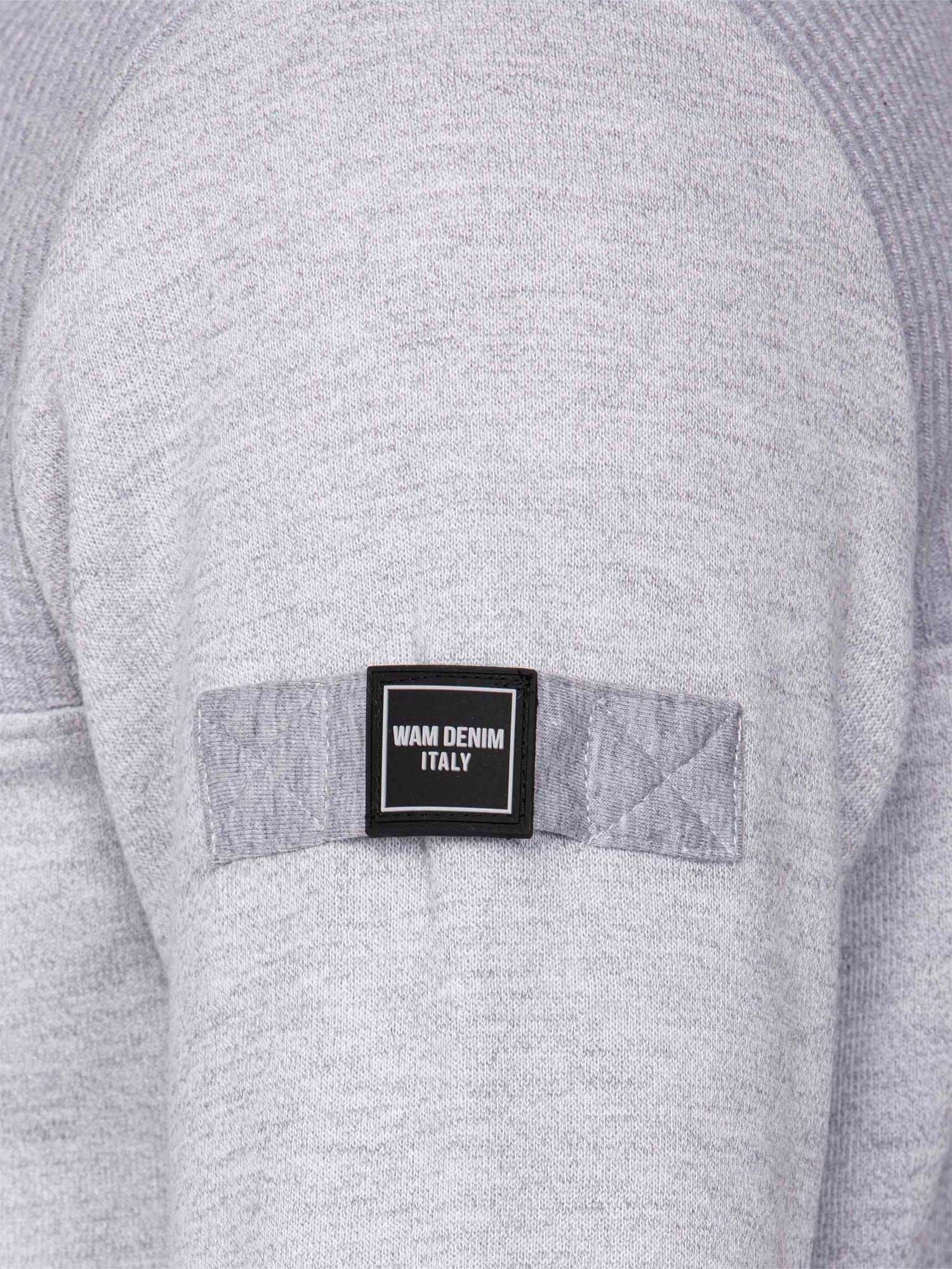 Close-up of The Fletcher Light Grey Vest sleeve showing Wam Denim Italy logo patch – Wam Denim.