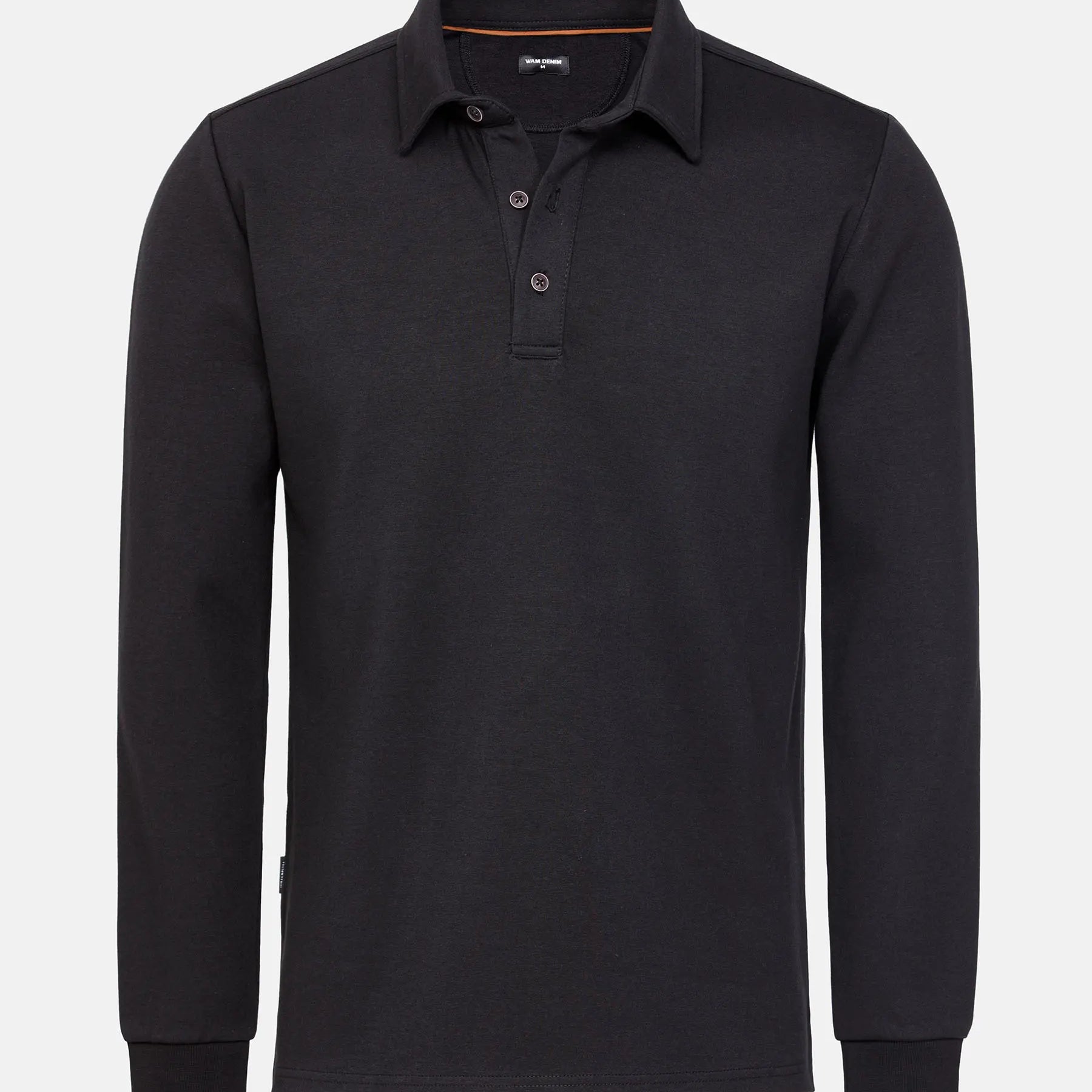 The Zeal Black Sweater, long-sleeve polo-style knit with buttoned collar and ribbed cuffs – Wam Denim.