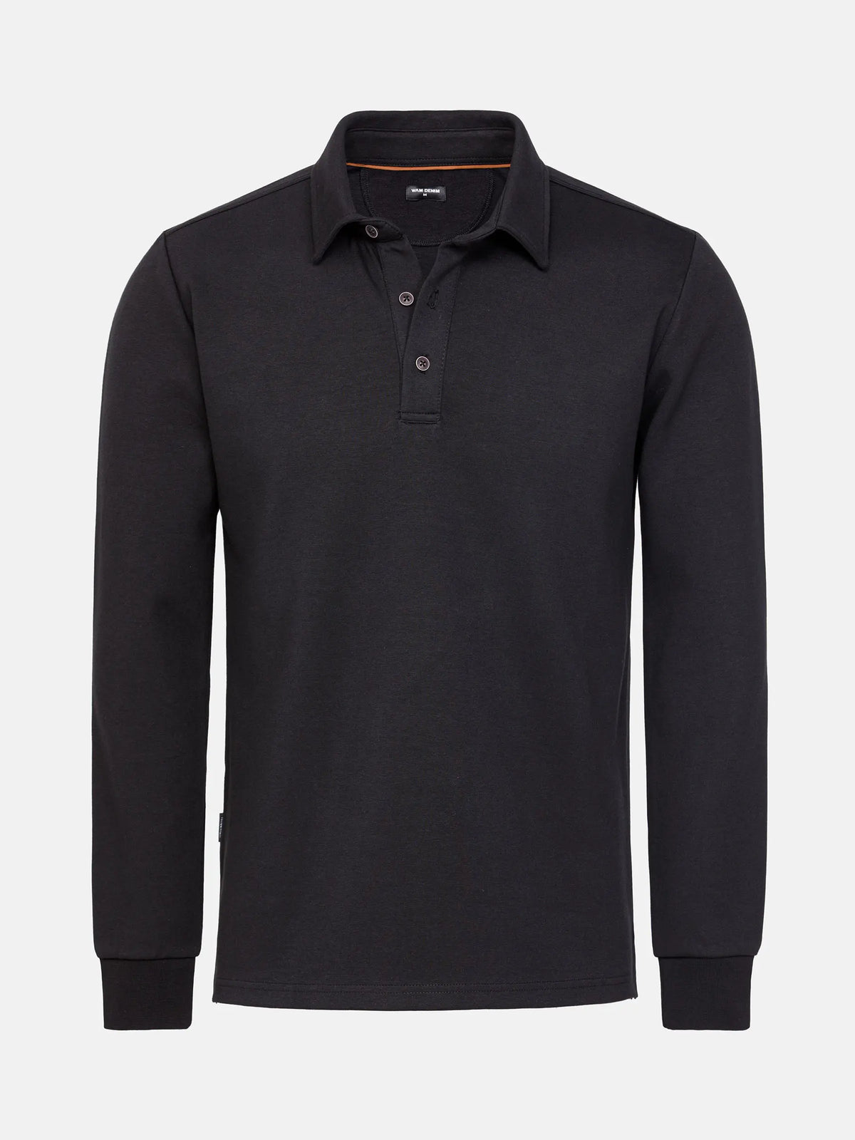 The Zeal Black Sweater, long-sleeve polo-style knit with buttoned collar and ribbed cuffs – Wam Denim.