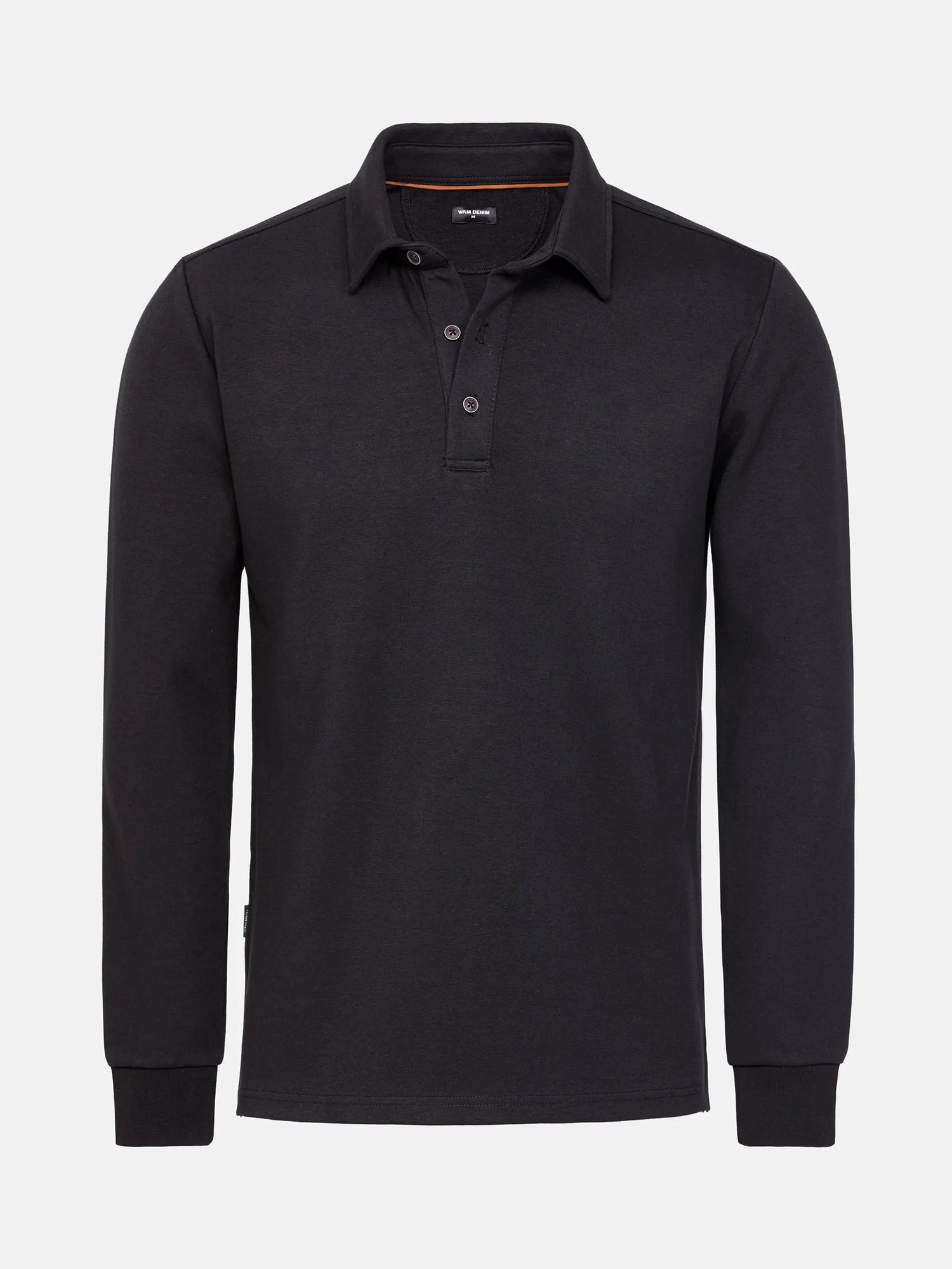 The Zeal Black Sweater, long-sleeve polo-style knit with buttoned collar and ribbed cuffs – Wam Denim.