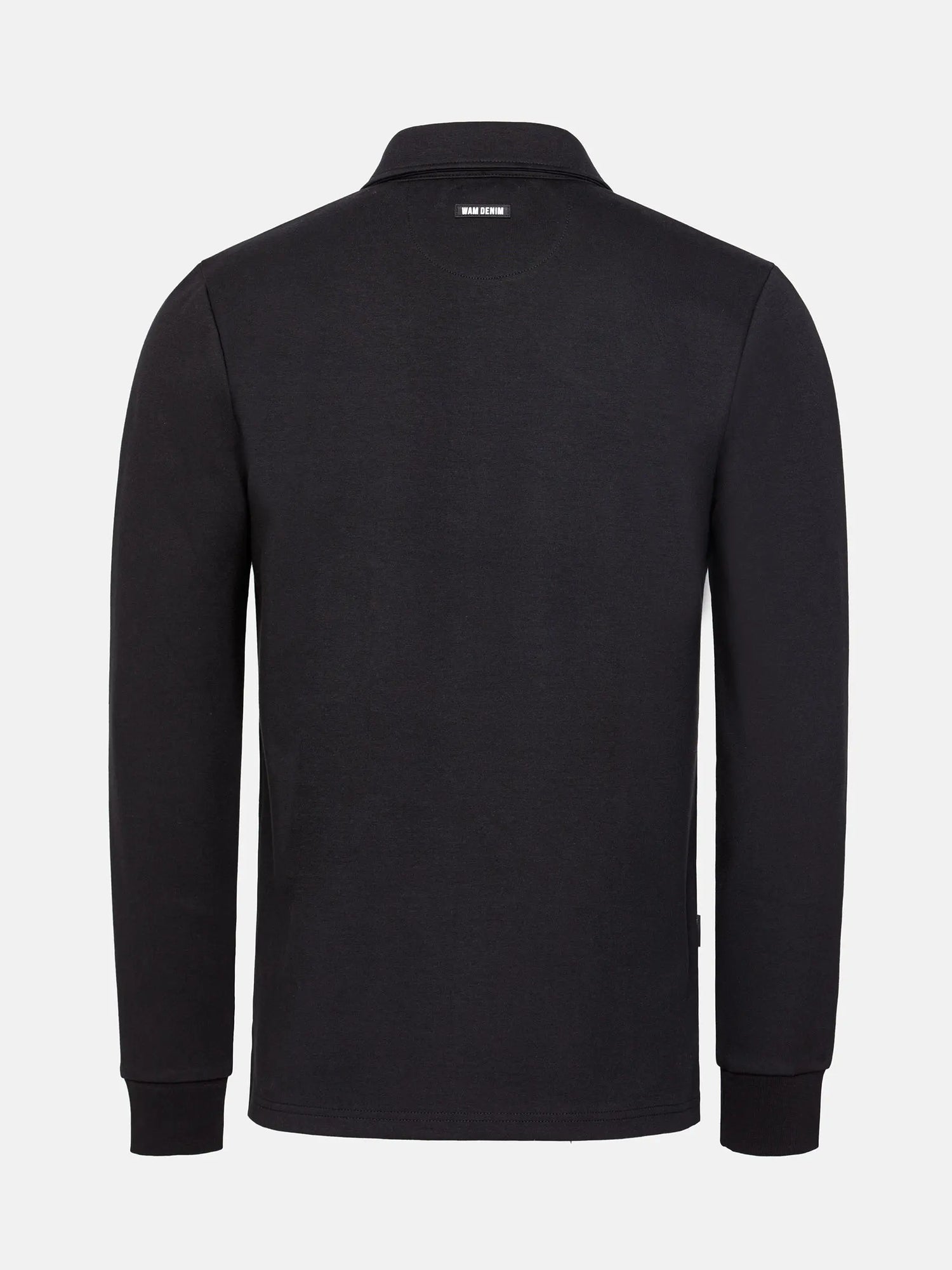 Back view of The Zeal Black Sweater showing plain design and ribbed cuffs – Wam Denim.