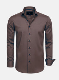 Men’s light brown button-down shirt with long sleeves and tailored fit.