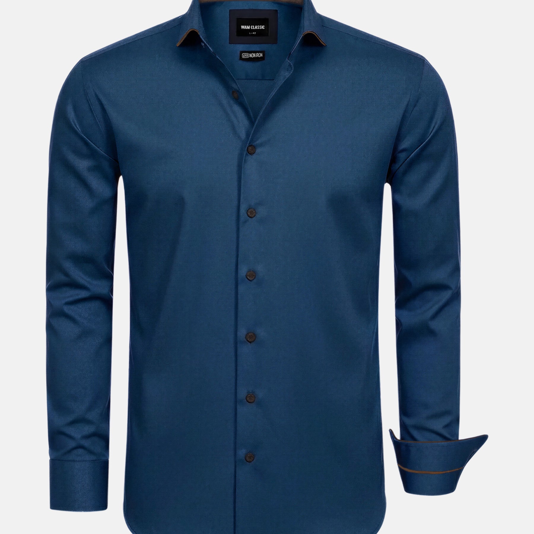 Petrol blue men’s button-up shirt with long sleeves, tailored fit, and clean modern design.