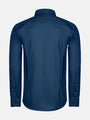 Back view of petrol blue men’s shirt with tailored fit and long sleeves.