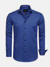 Royal blue men’s dress shirt with long sleeves and black buttons, classic fit.