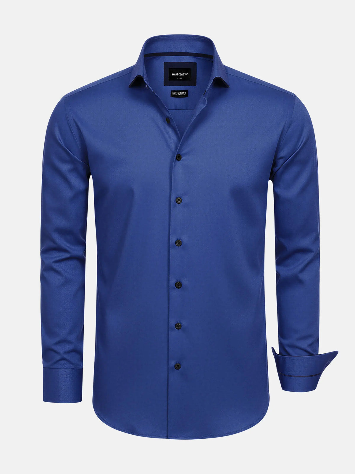 Royal blue men’s dress shirt with long sleeves and black buttons, classic fit.