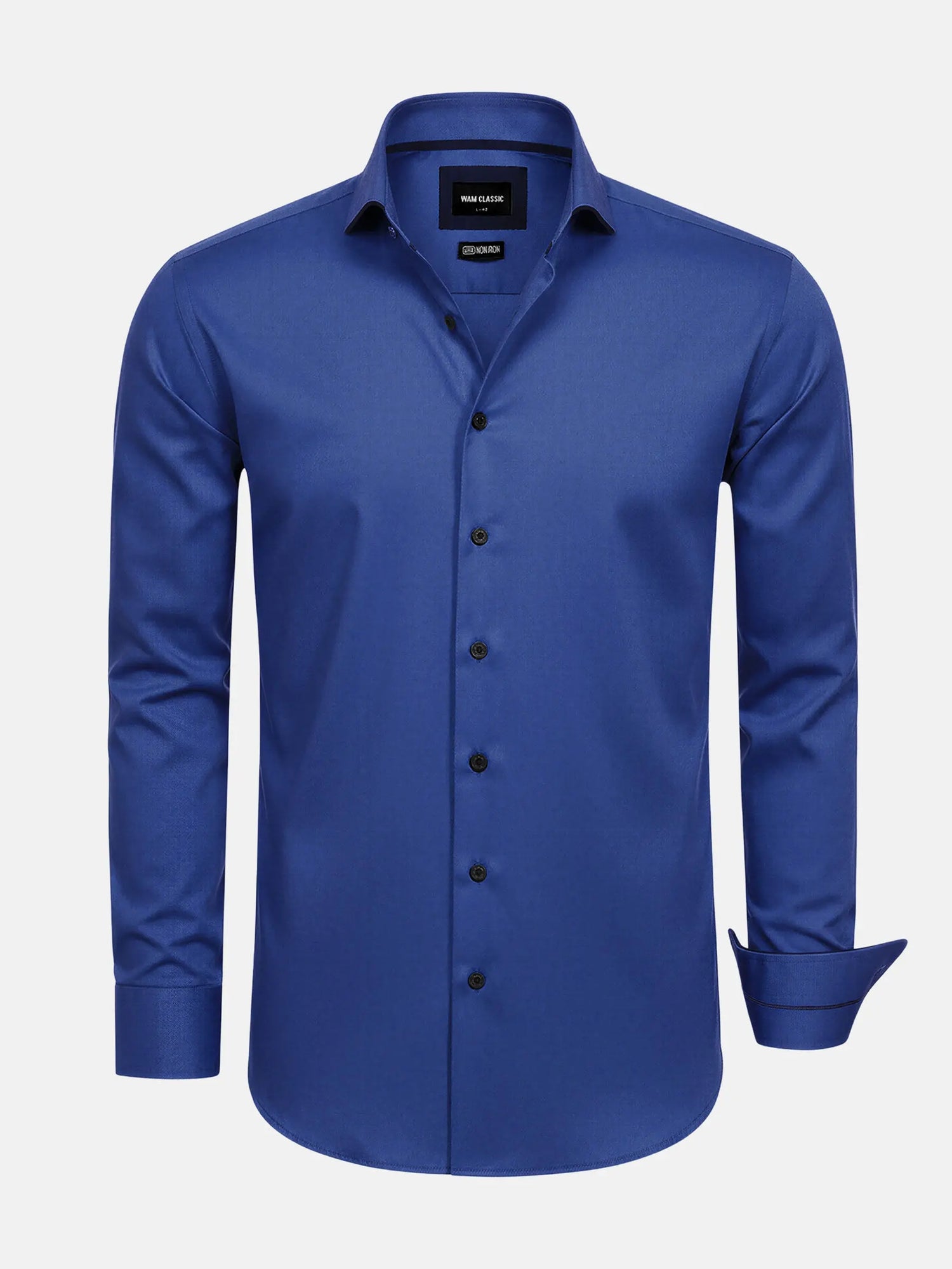Royal blue men’s dress shirt with long sleeves and black buttons, classic fit.